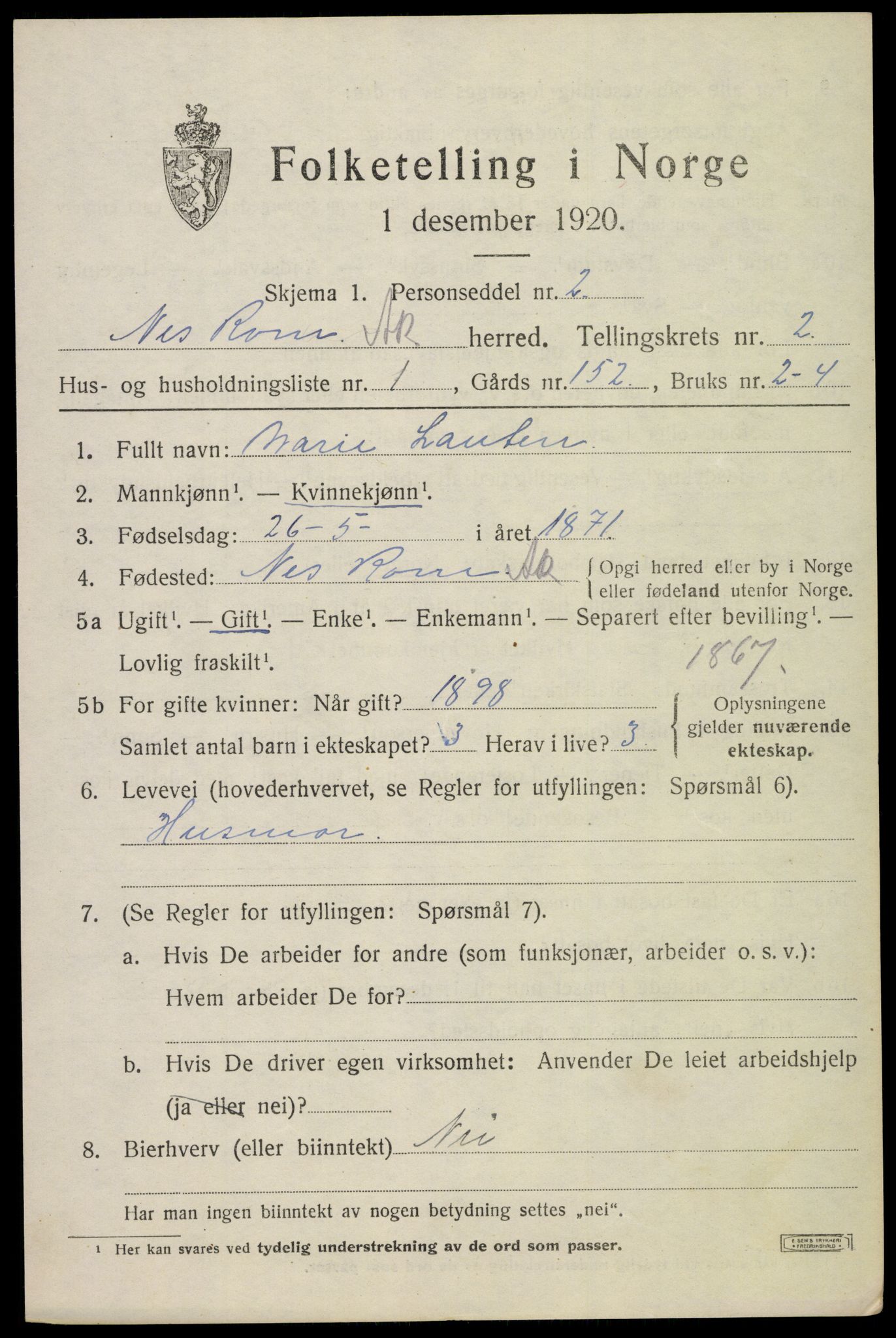 SAO, 1920 census for Nes, 1920, p. 5116