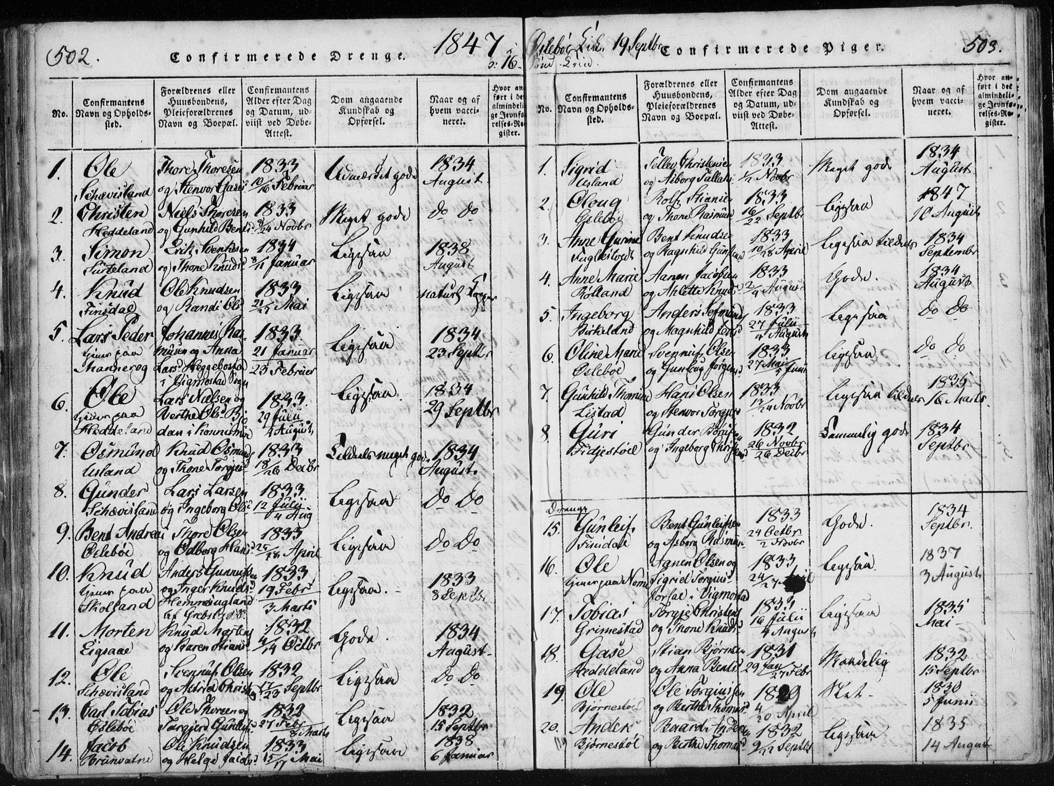 Holum sokneprestkontor, AV/SAK-1111-0022/F/Fa/Fac/L0002: Parish register (official) no. A 2, 1821-1859, p. 502-503