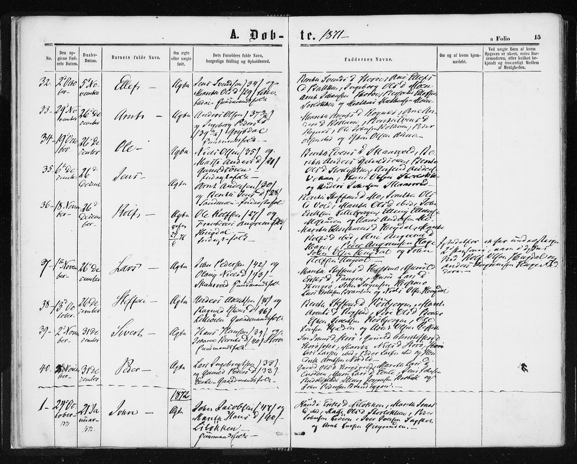 Ministerialprotokoller, klokkerbøker og fødselsregistre - Sør-Trøndelag, SAT/A-1456/687/L1001: Parish register (official) no. 687A07, 1863-1878, p. 15