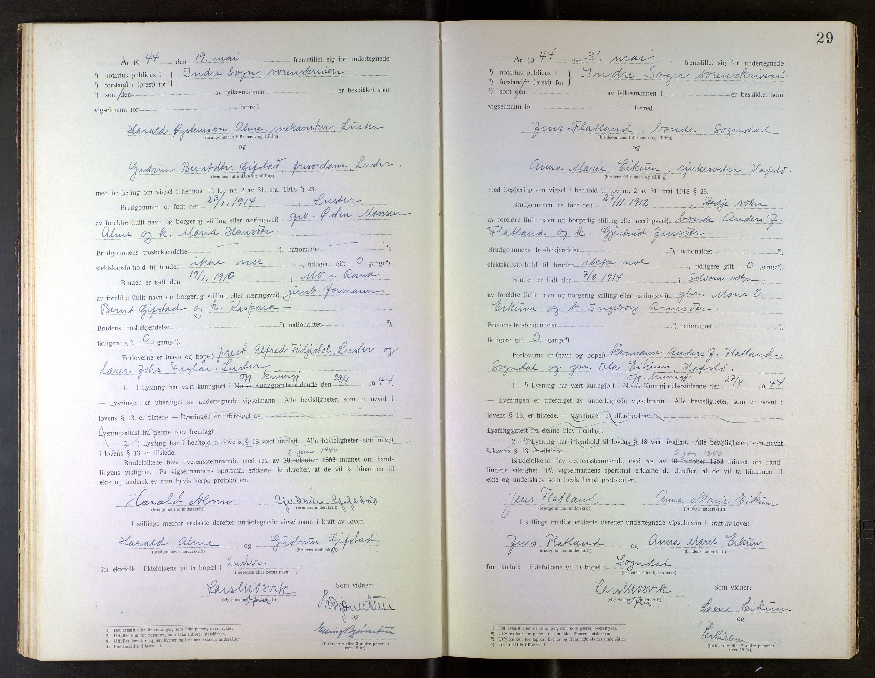 Indre Sogn tingrett, AV/SAB-A-3301/1/L/La/Laa/L0001: Vigselsbok Indre Sogn, 1938-1967, p. 29