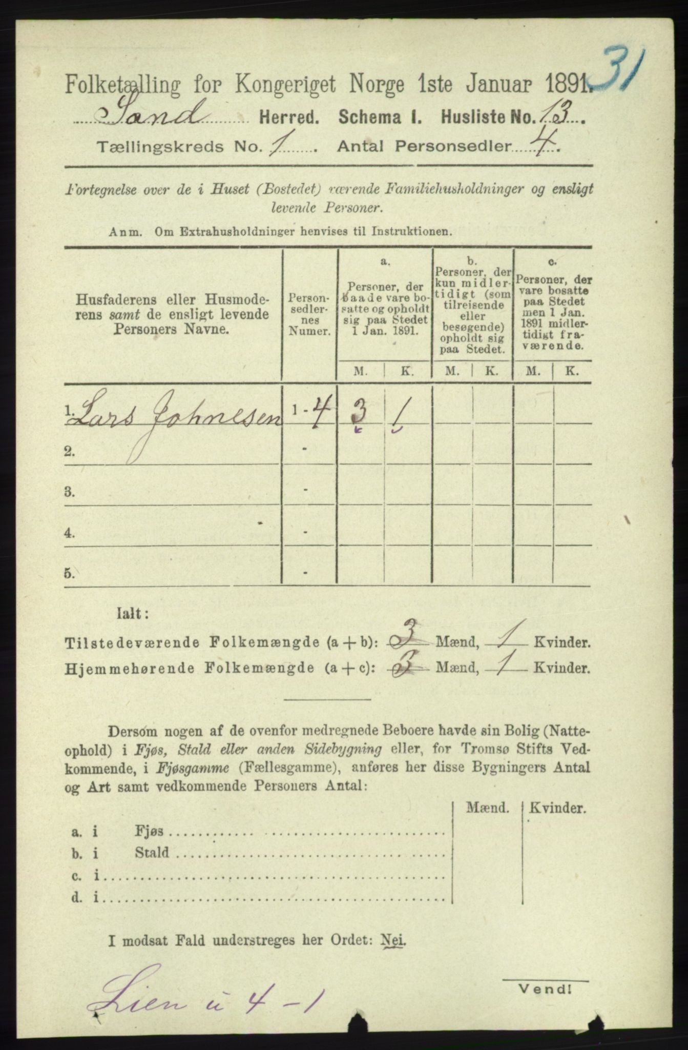 RA, 1891 census for 1136 Sand, 1891, p. 28