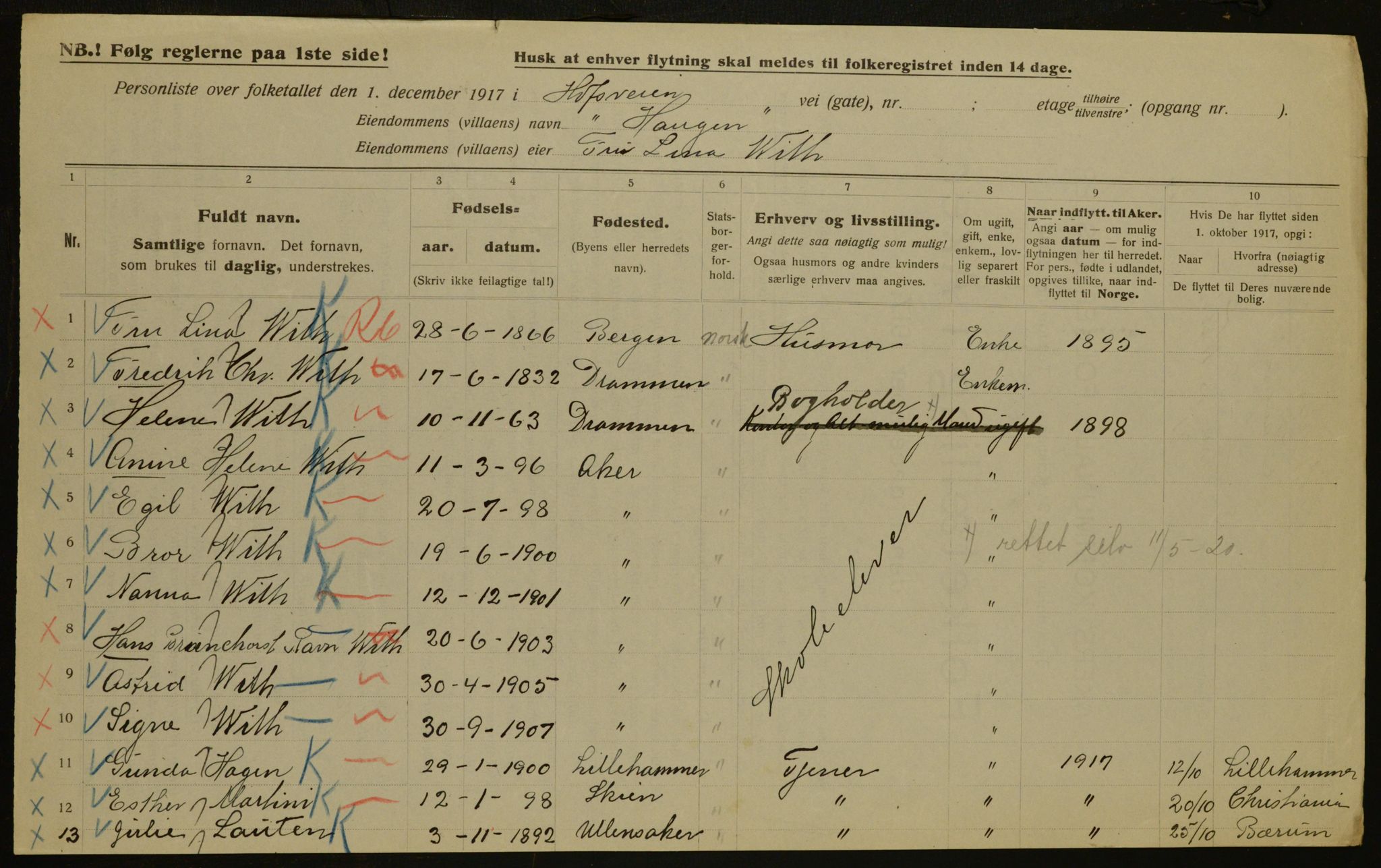 OBA, Municipal Census 1917 for Aker, 1917, p. 4250