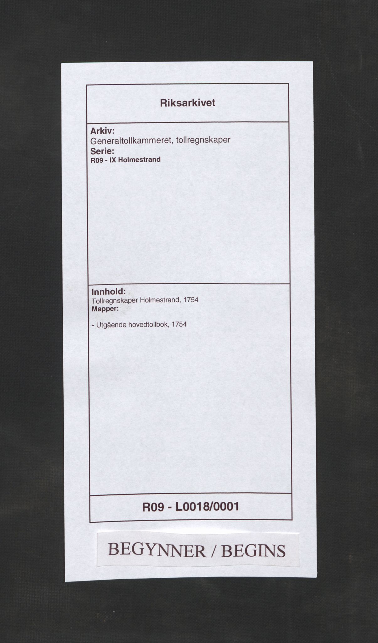 Generaltollkammeret, tollregnskaper, RA/EA-5490/R09/L0018/0001: Tollregnskaper Holmestrand / Utgående hovedtollbok, 1754