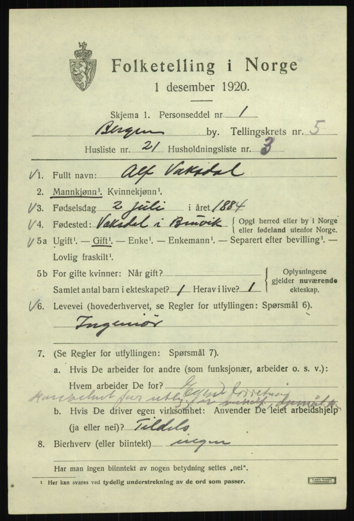 SAB, 1920 census for Bergen, 1920, p. 65336