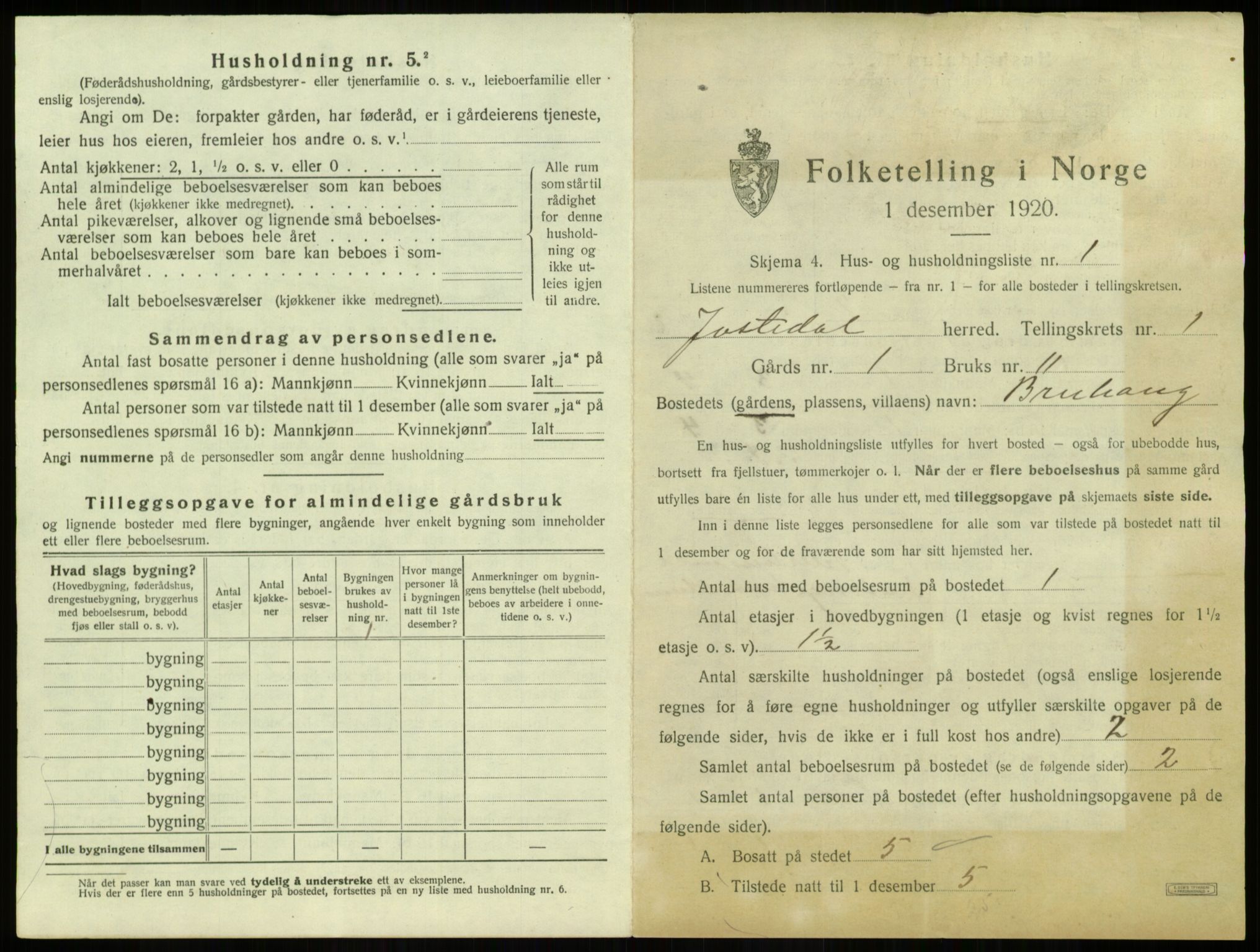 SAB, 1920 census for Jostedal, 1920, p. 20