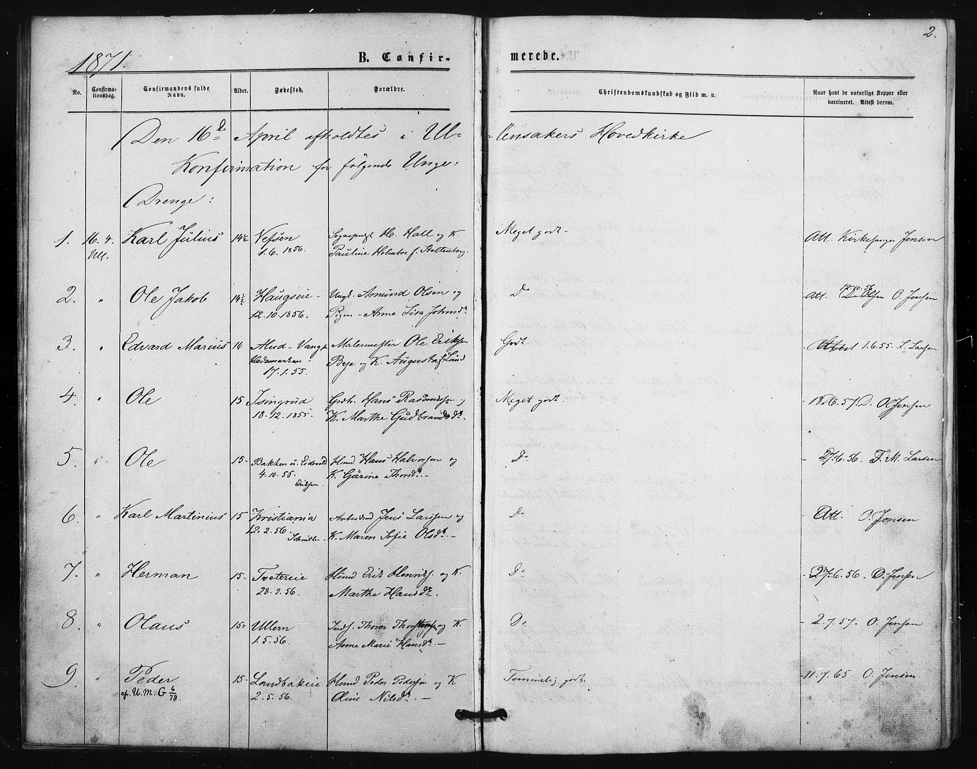 Ullensaker prestekontor Kirkebøker, AV/SAO-A-10236a/F/Fa/L0017: Parish register (official) no. I 17, 1871-1875, p. 2
