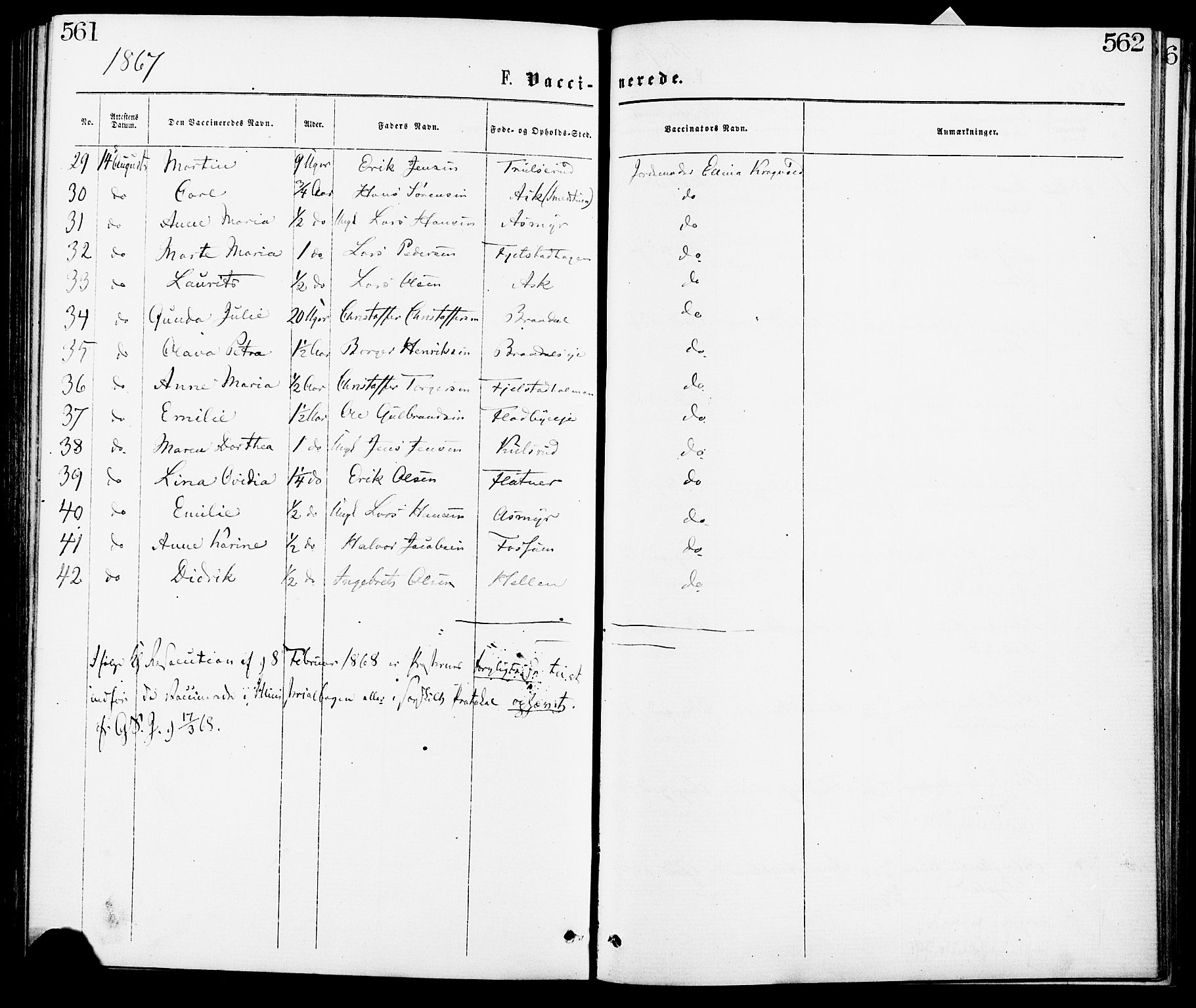 Gjerdrum prestekontor Kirkebøker, AV/SAO-A-10412b/F/Fa/L0008: Parish register (official) no. I 8, 1867-1880, p. 561-562