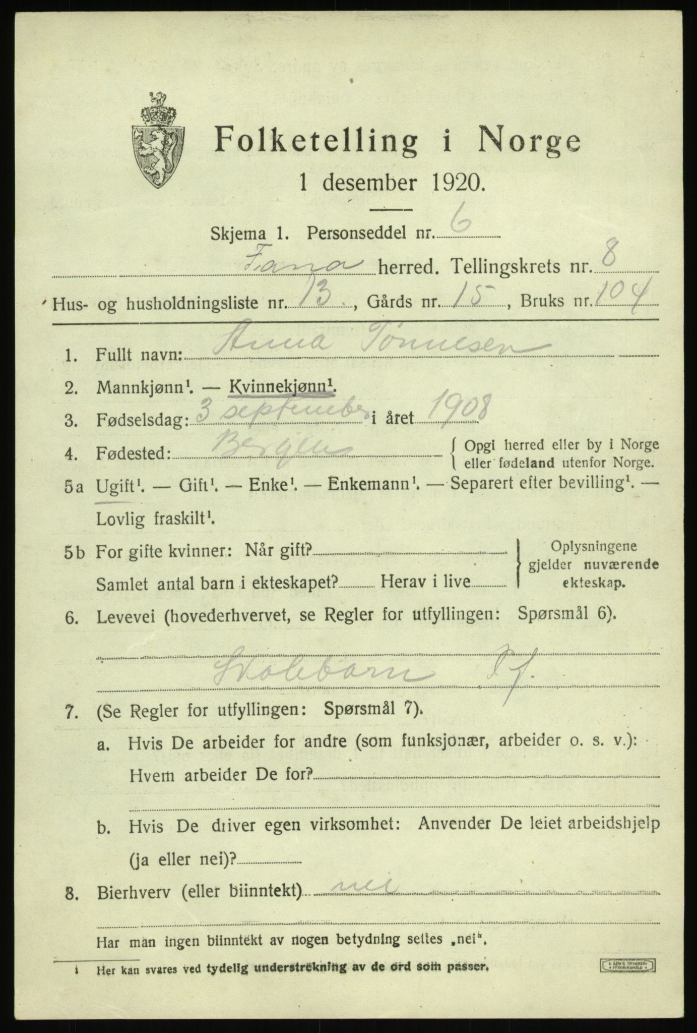 SAB, 1920 census for Fana, 1920, p. 13597