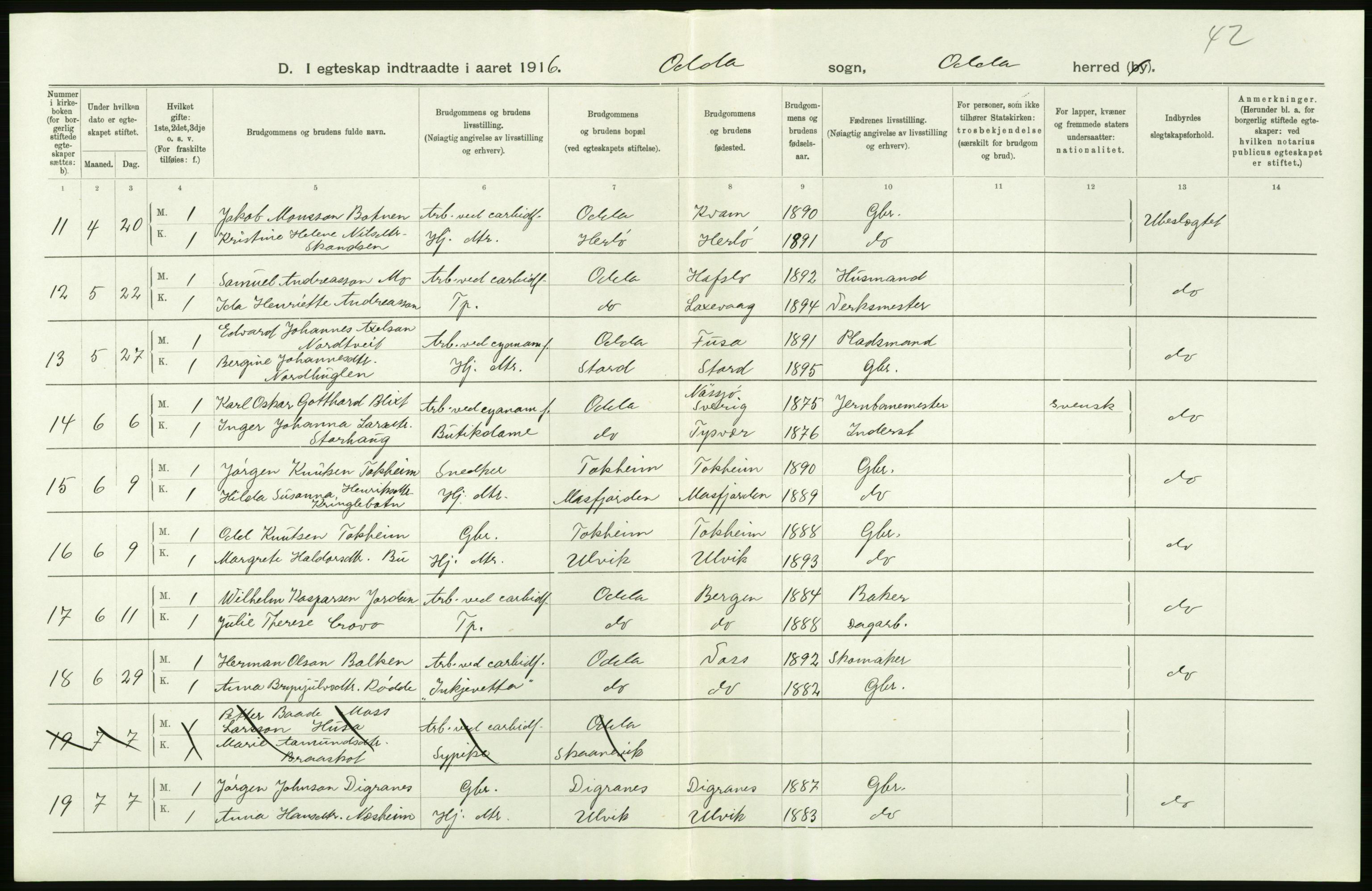 Statistisk sentralbyrå, Sosiodemografiske emner, Befolkning, AV/RA-S-2228/D/Df/Dfb/Dfbf/L0035: S. Bergenhus amt: Gifte, dødfødte. Bygder., 1916, p. 46