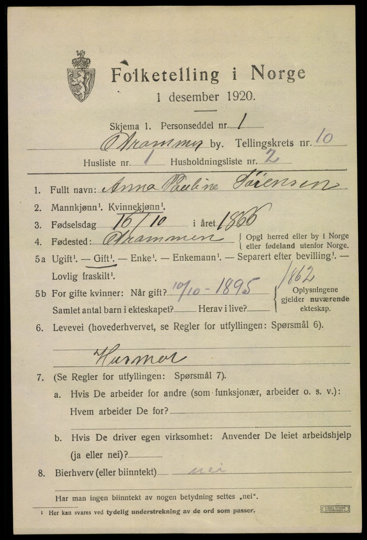 SAKO, 1920 census for Drammen, 1920, p. 62203
