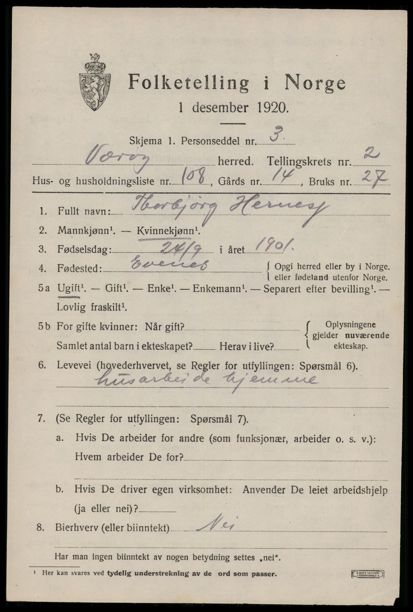 SAT, 1920 census for Værøy, 1920, p. 2217