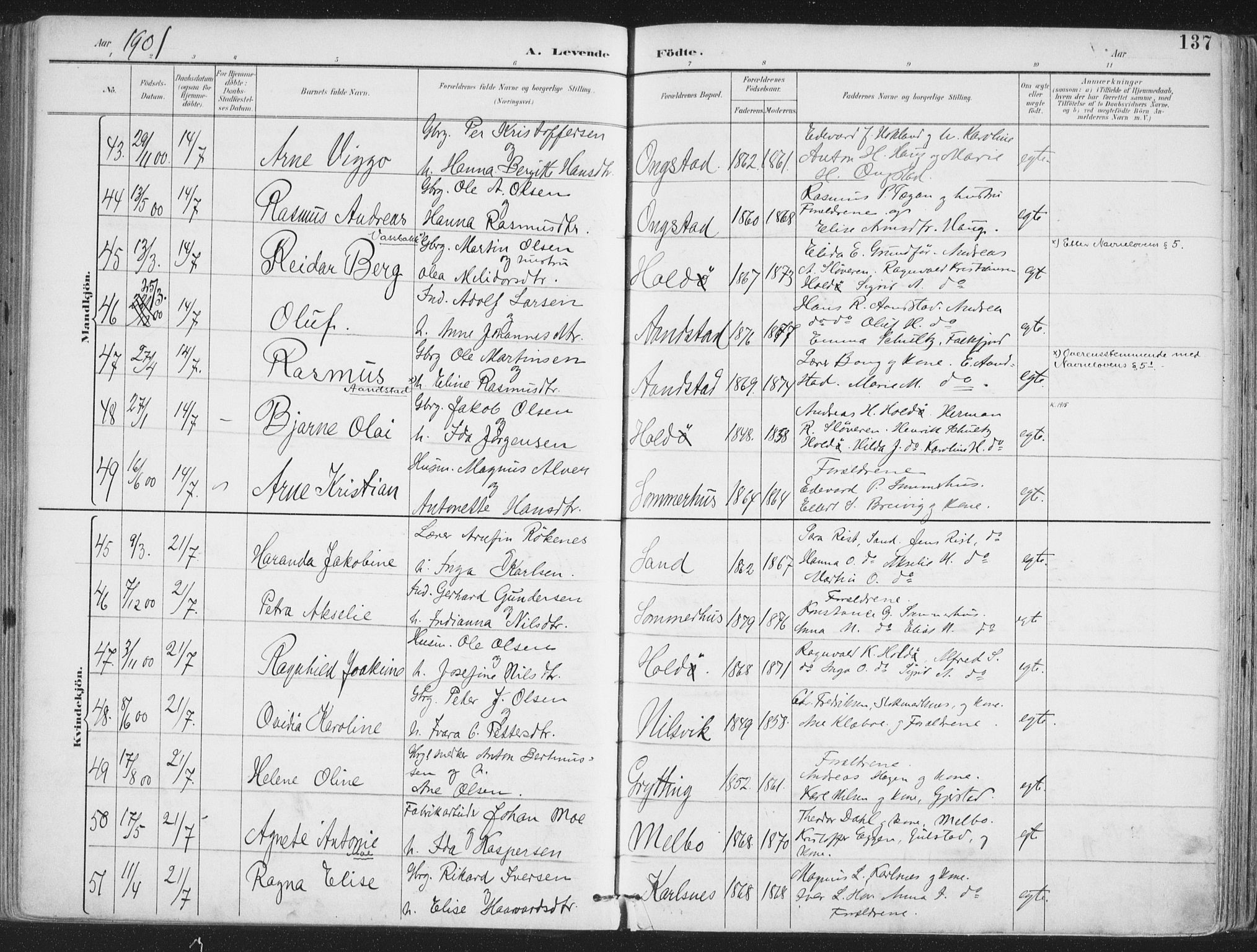 Ministerialprotokoller, klokkerbøker og fødselsregistre - Nordland, AV/SAT-A-1459/888/L1246: Parish register (official) no. 888A12, 1891-1903, p. 137