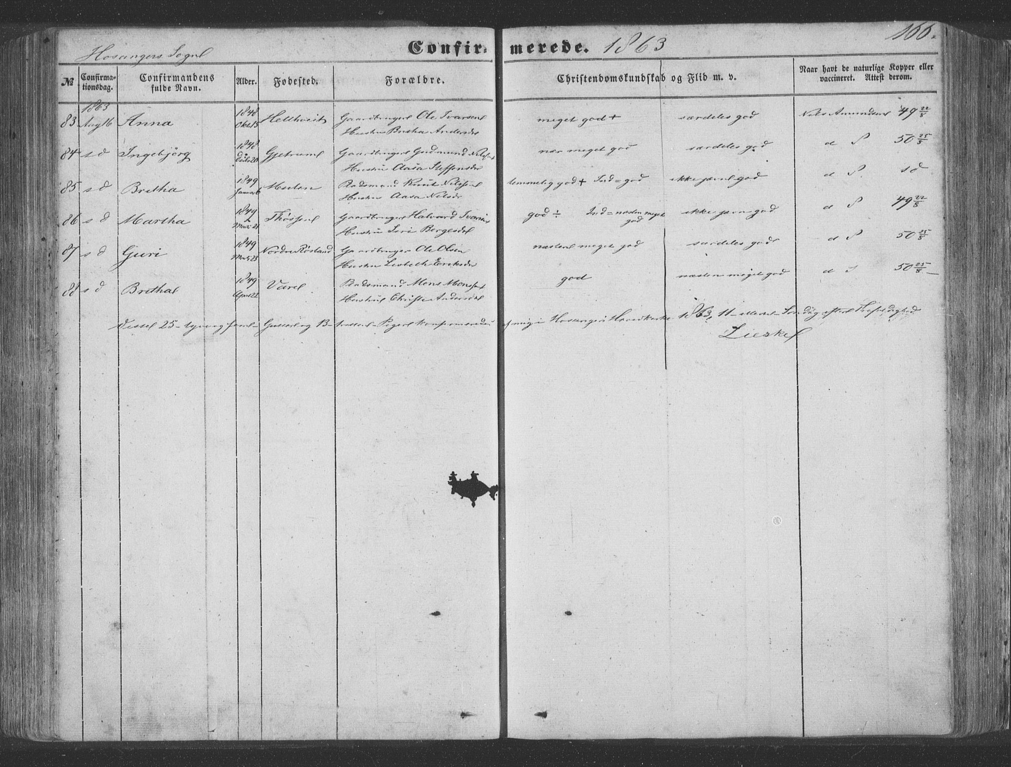 Hosanger sokneprestembete, AV/SAB-A-75801/H/Haa: Parish register (official) no. A 8, 1849-1863, p. 166