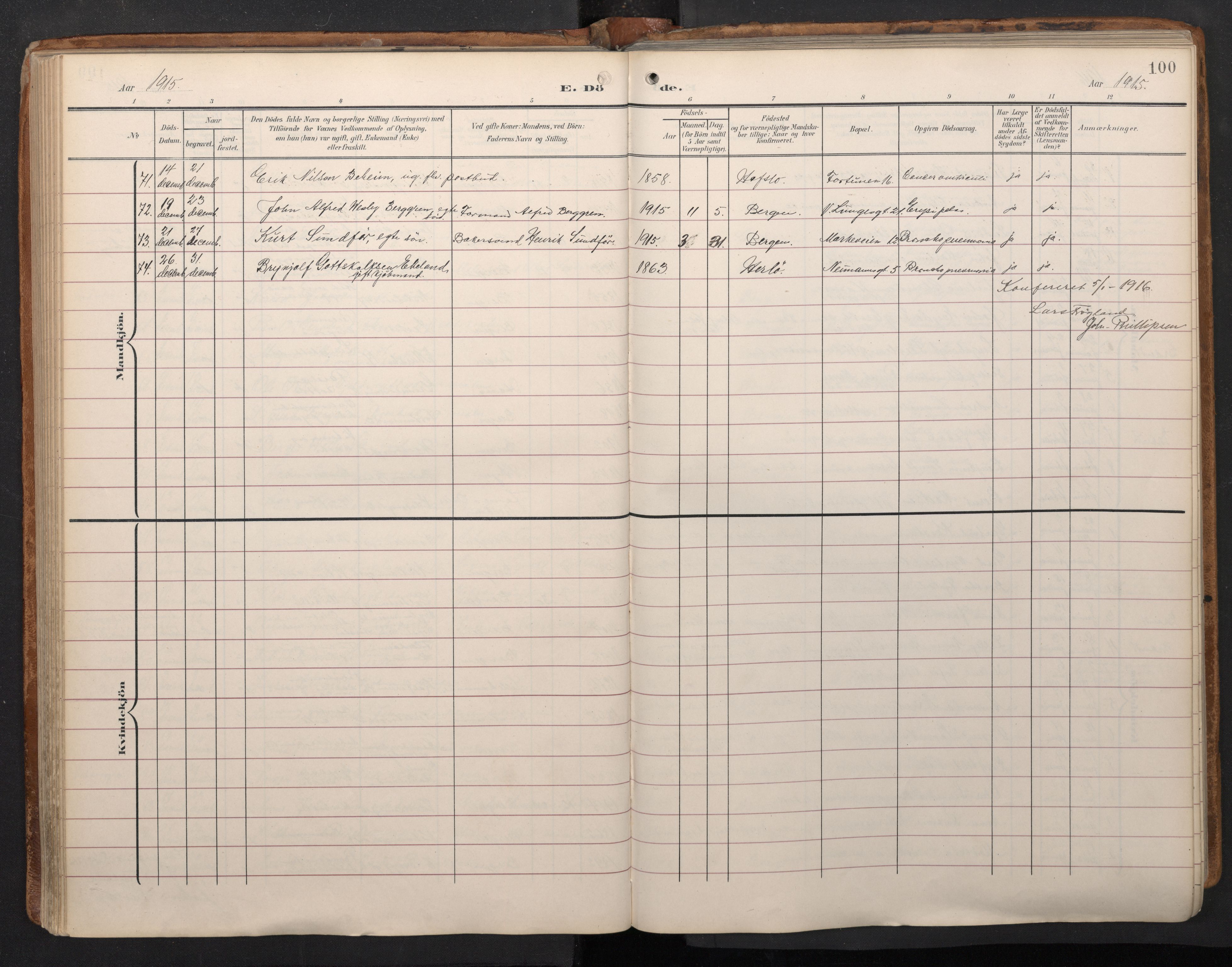 Domkirken sokneprestembete, AV/SAB-A-74801/H/Haa/L0044: Parish register (official) no. E 6, 1904-1946, p. 99b-100a