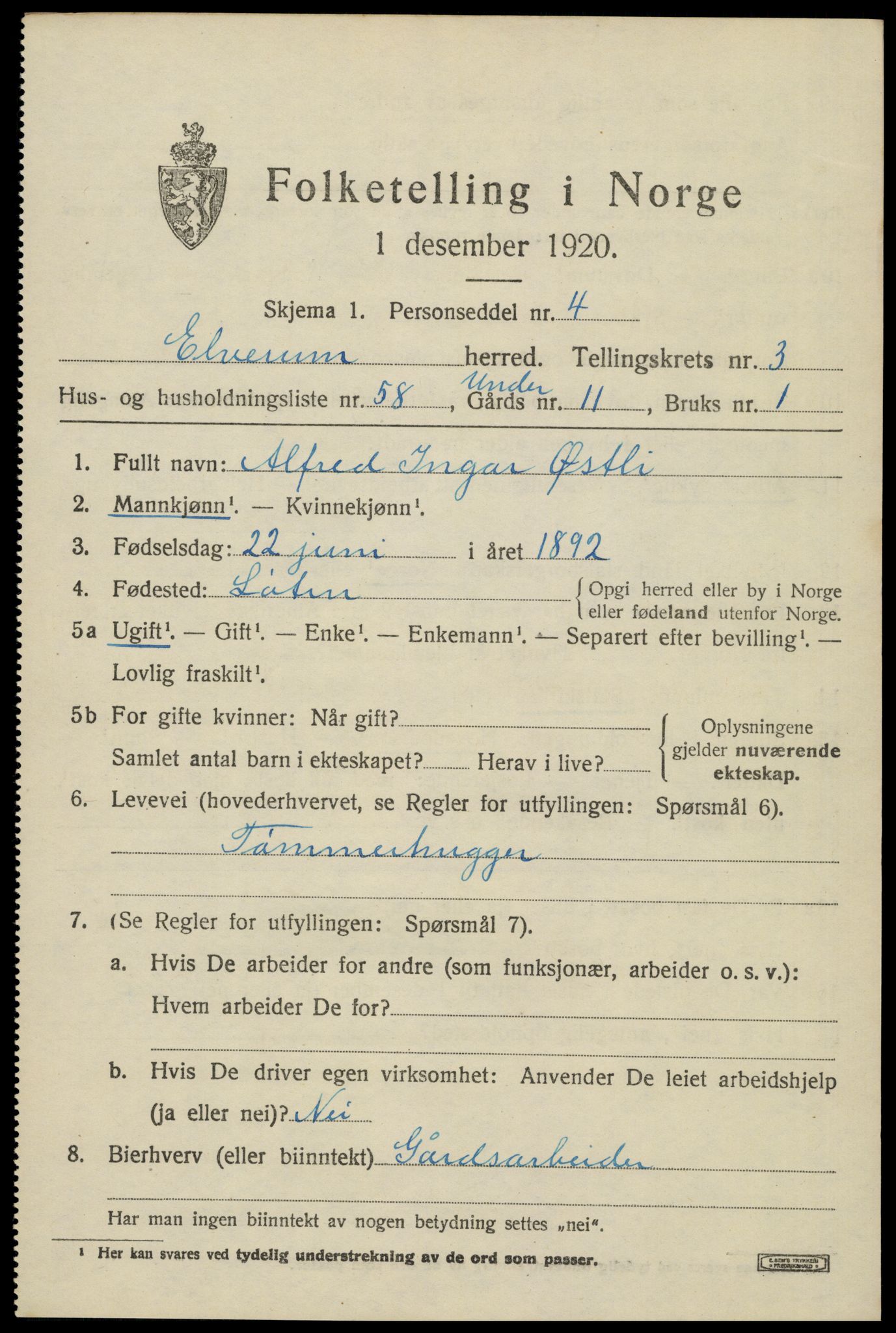 SAH, 1920 census for Elverum, 1920, p. 6642