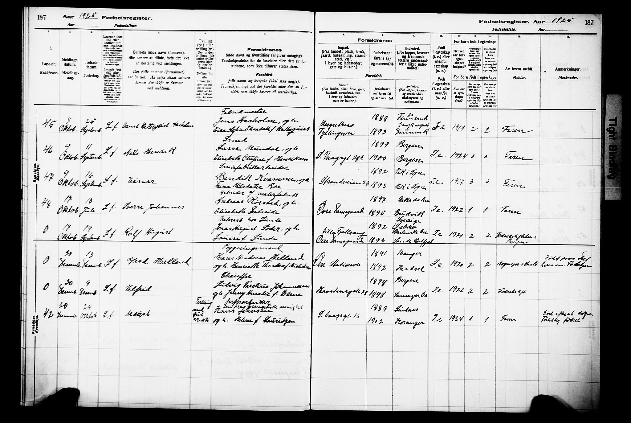 Laksevåg Sokneprestembete, AV/SAB-A-76501/I/Id/L00A1: Birth register no. A 1, 1916-1926, p. 187