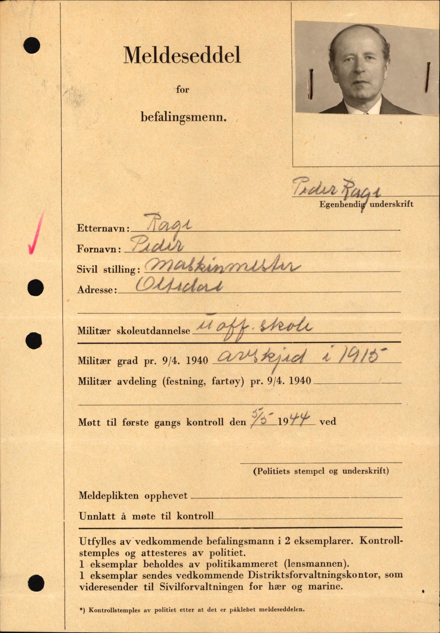 Forsvaret, Forsvarets krigshistoriske avdeling, AV/RA-RAFA-2017/Y/Yf/L0209: II-C-11-2121  -  Okkupasjonstiden.  Meldesedler for befal med foto og oppl. om militær grad 9. apr. 1940., 1944-1945, p. 540