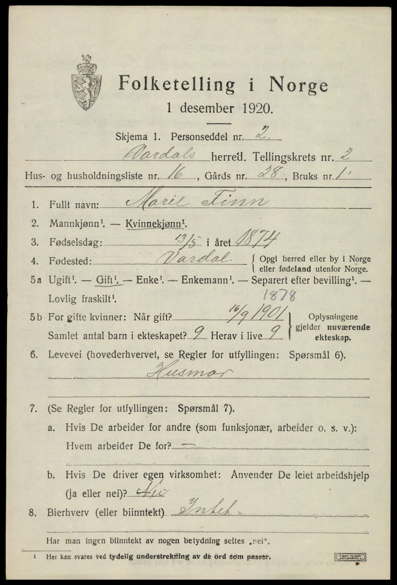 SAH, 1920 census for Vardal, 1920, p. 2639