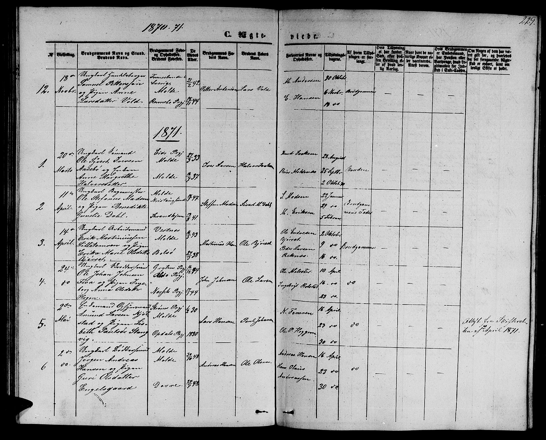 Ministerialprotokoller, klokkerbøker og fødselsregistre - Møre og Romsdal, AV/SAT-A-1454/558/L0701: Parish register (copy) no. 558C02, 1862-1879, p. 229