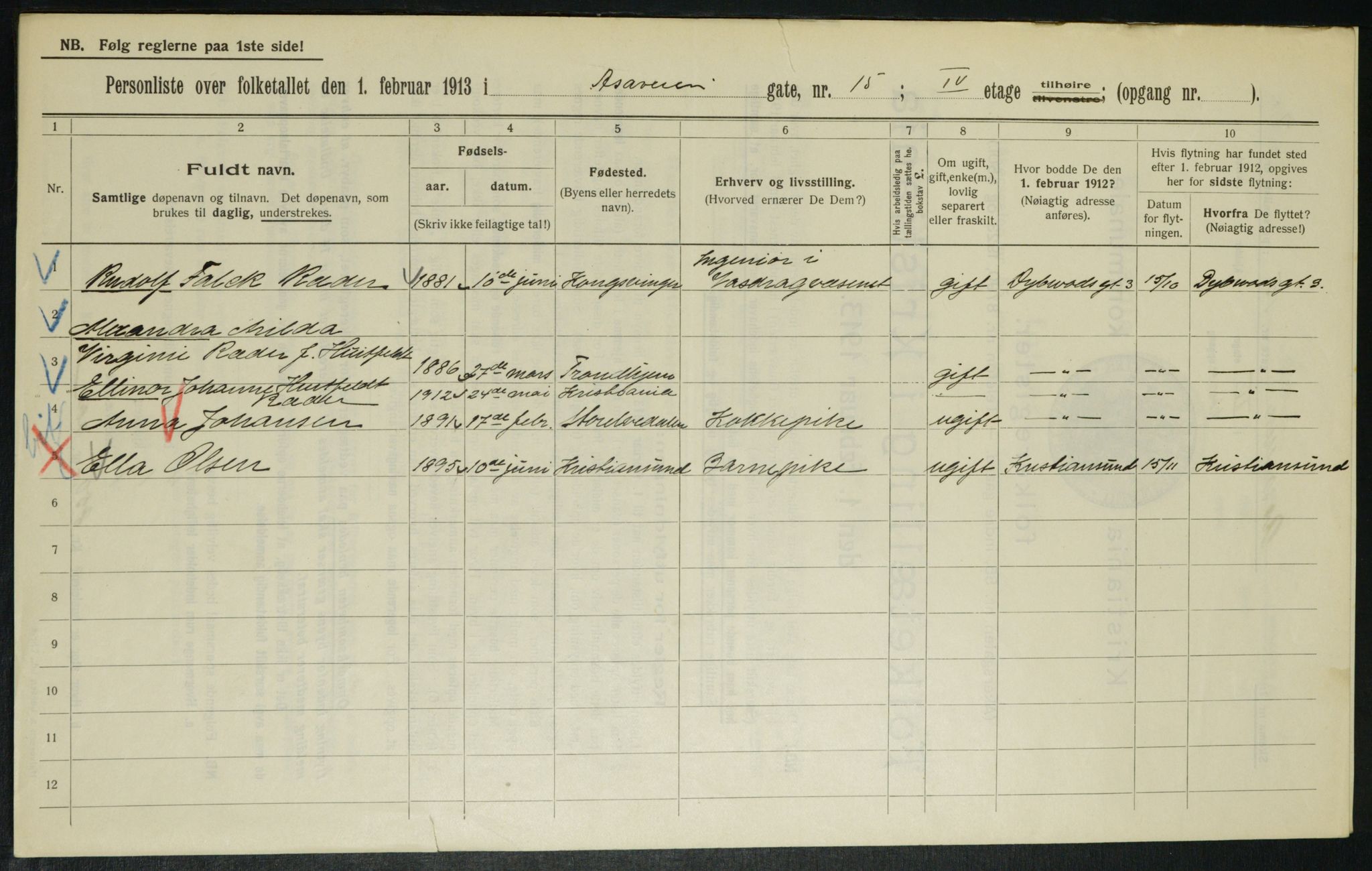 OBA, Municipal Census 1913 for Kristiania, 1913, p. 130958