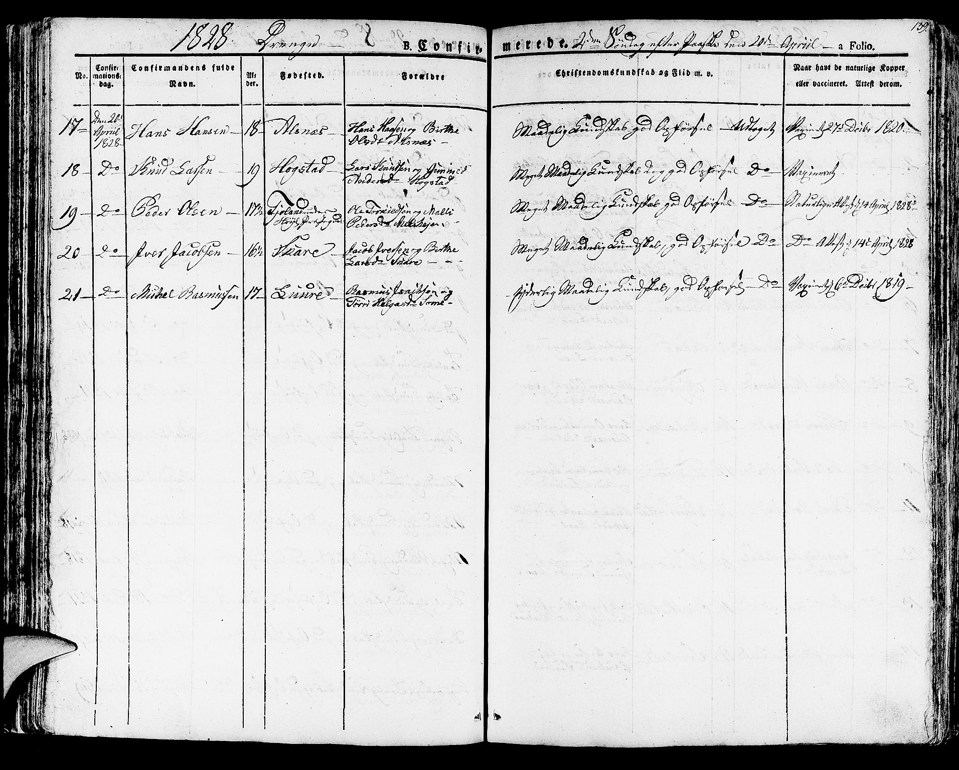 Høyland sokneprestkontor, AV/SAST-A-101799/001/30BA/L0007: Parish register (official) no. A 7 /1, 1825-1841, p. 139