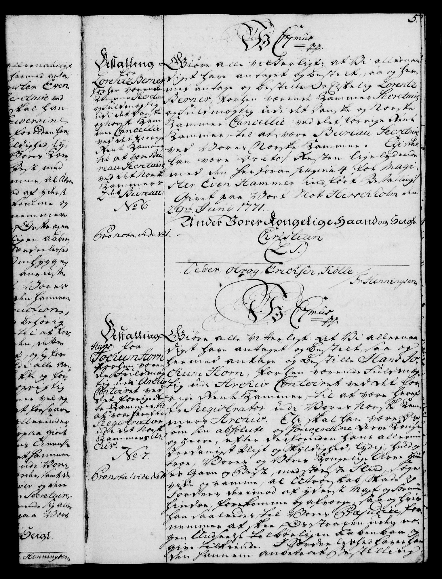 Rentekammeret, Kammerkanselliet, RA/EA-3111/G/Gg/Gge/L0005: Norsk bestallingsprotokoll med register (merket RK 53.29), 1771-1773, p. 5
