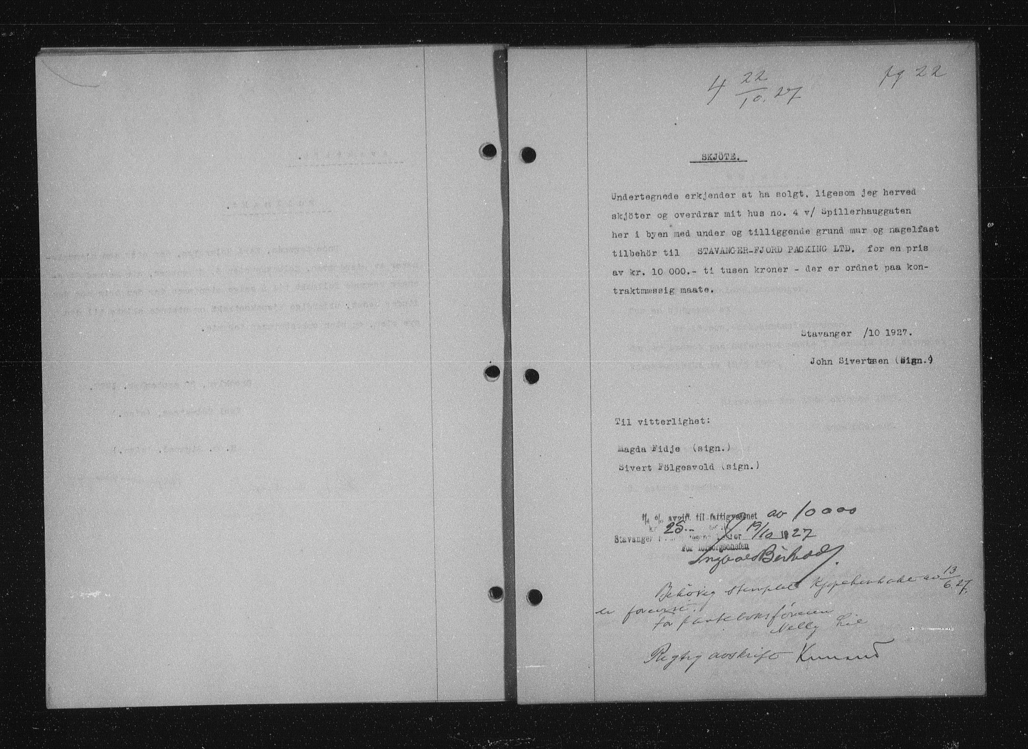 Stavanger byfogd, AV/SAST-A-101408/001/4/41/410/410BB/L0053: Mortgage book no. 41, 1927-1928, Deed date: 22.10.1927