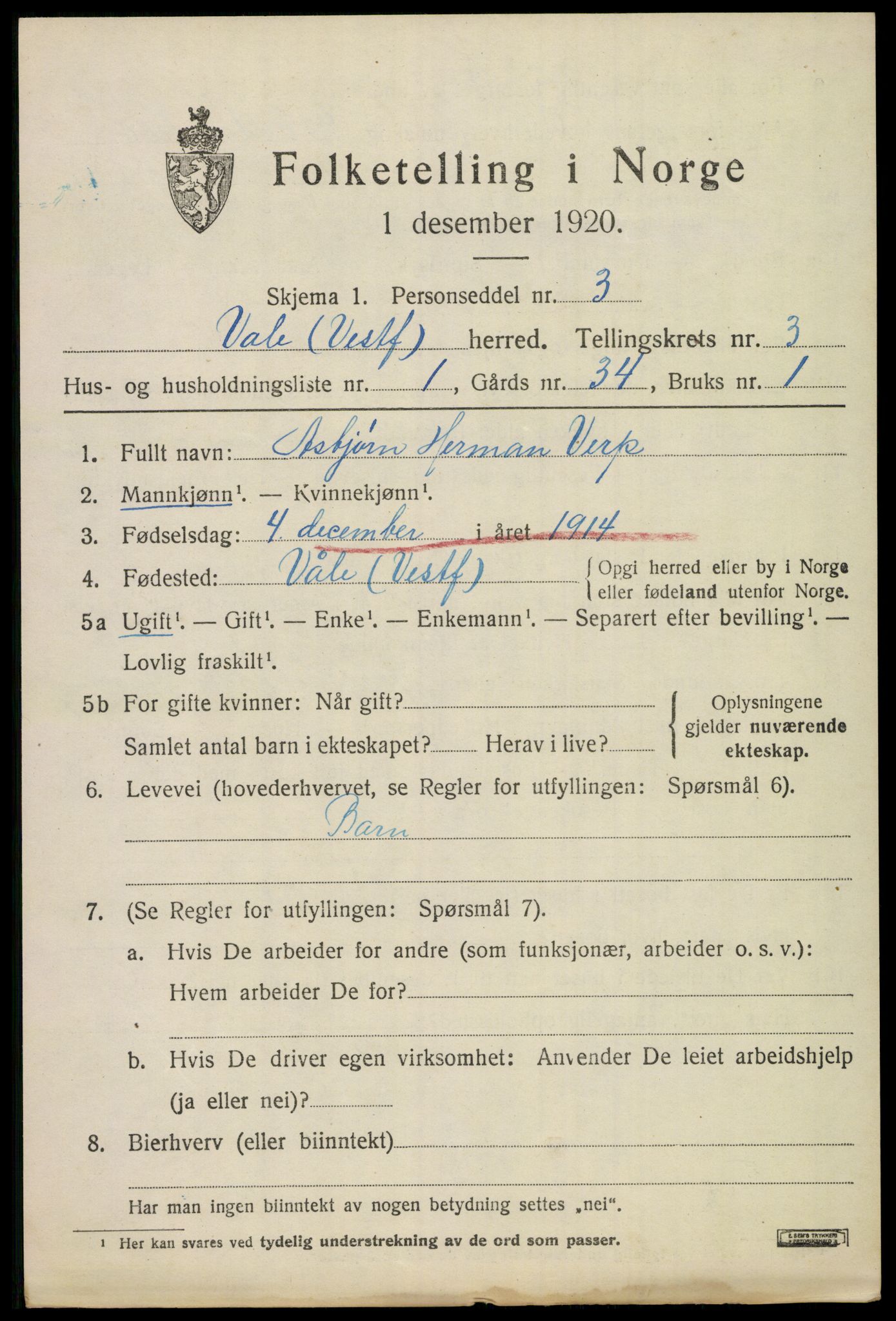 SAKO, 1920 census for Våle, 1920, p. 2298