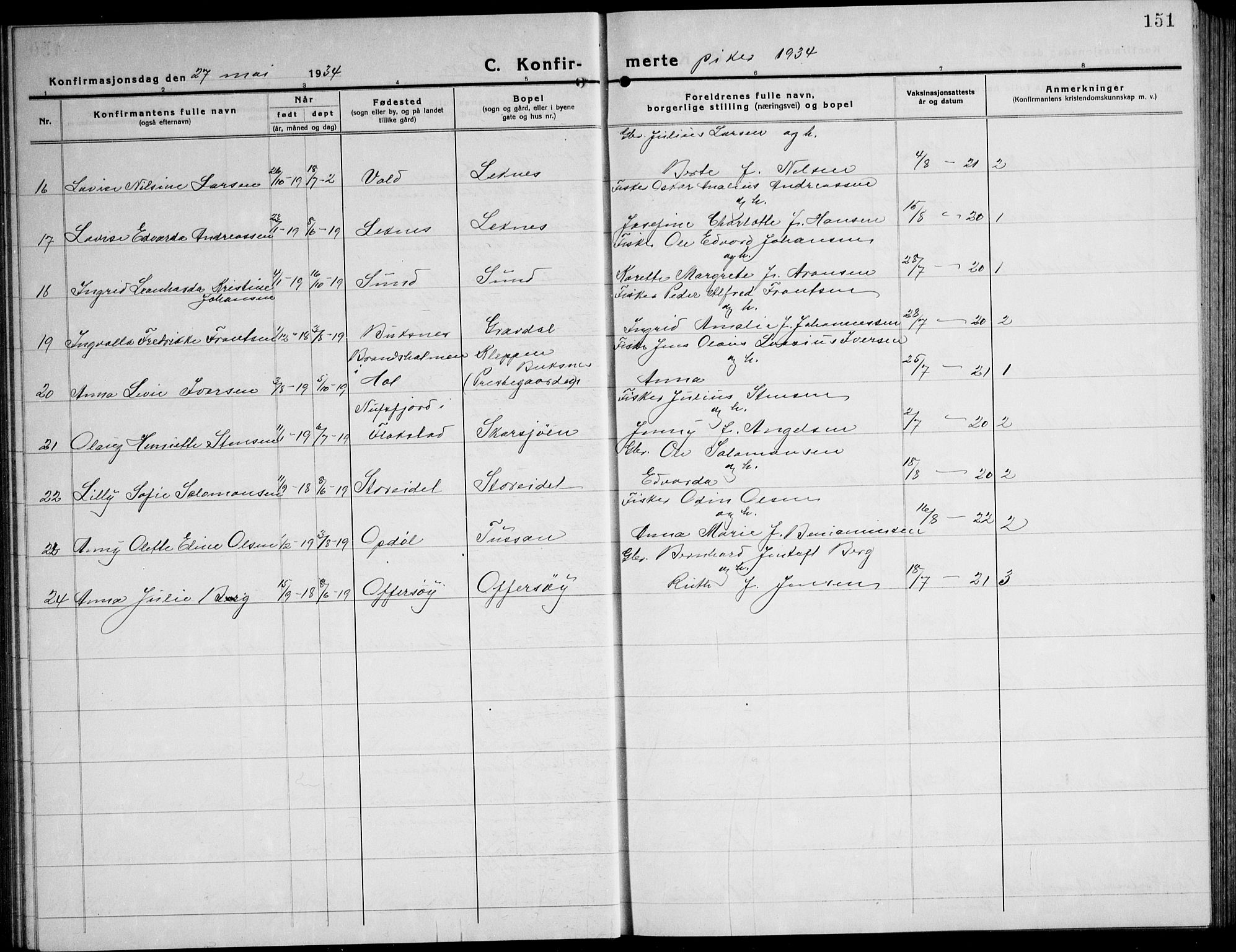 Ministerialprotokoller, klokkerbøker og fødselsregistre - Nordland, AV/SAT-A-1459/881/L1170: Parish register (copy) no. 881C07, 1930-1943, p. 151