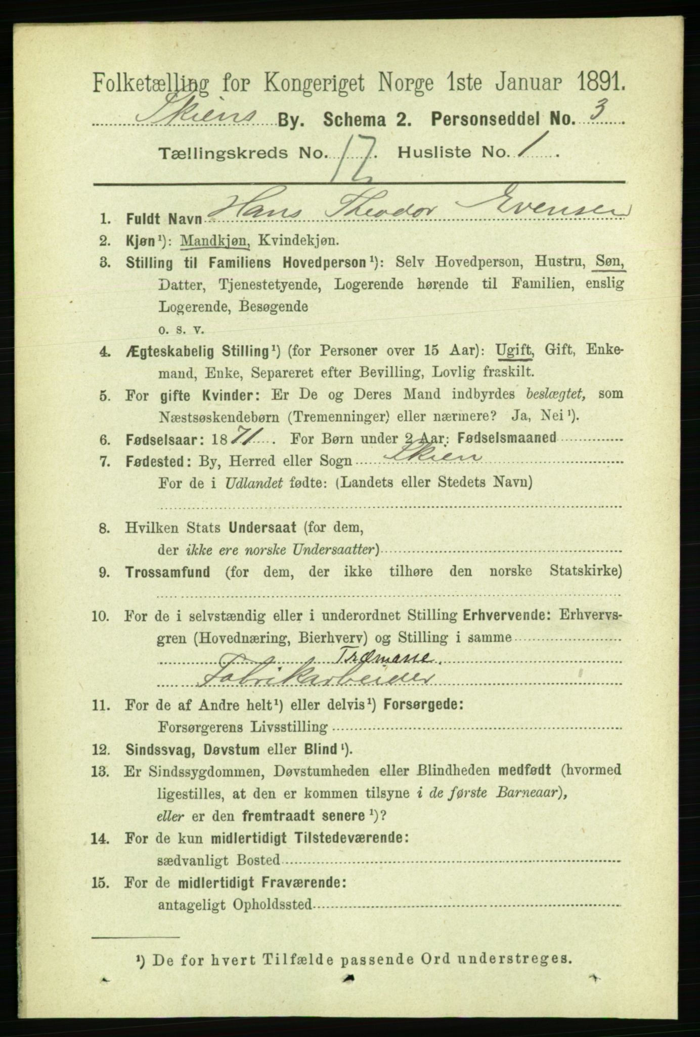 RA, 1891 census for 0806 Skien, 1891, p. 4813