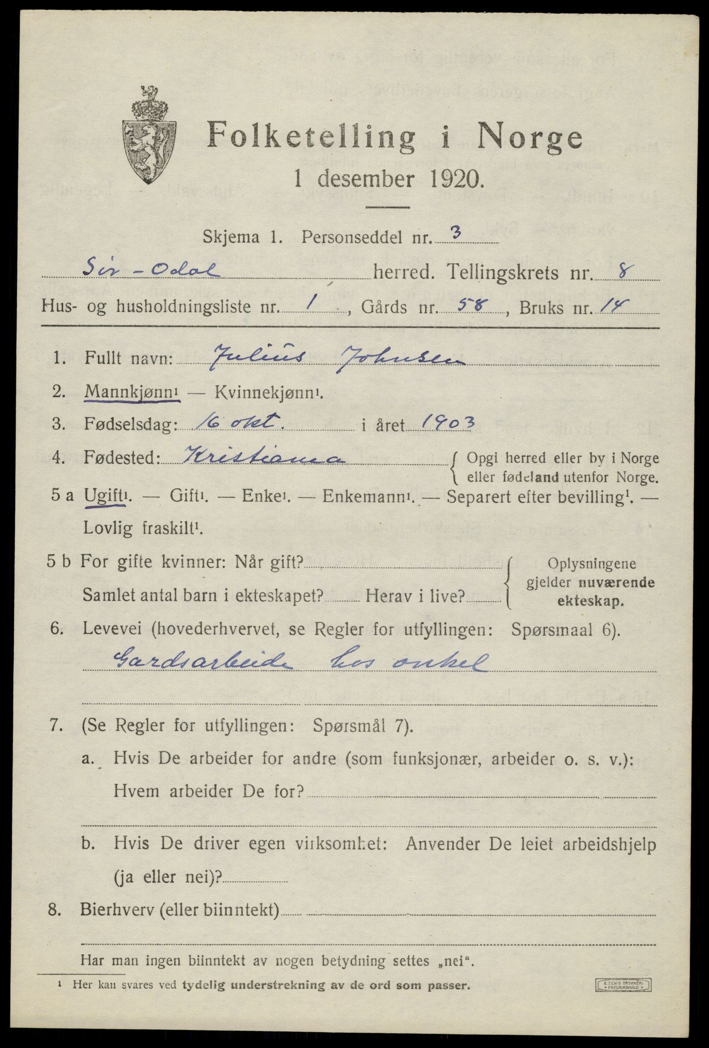 SAH, 1920 census for Sør-Odal, 1920, p. 9287