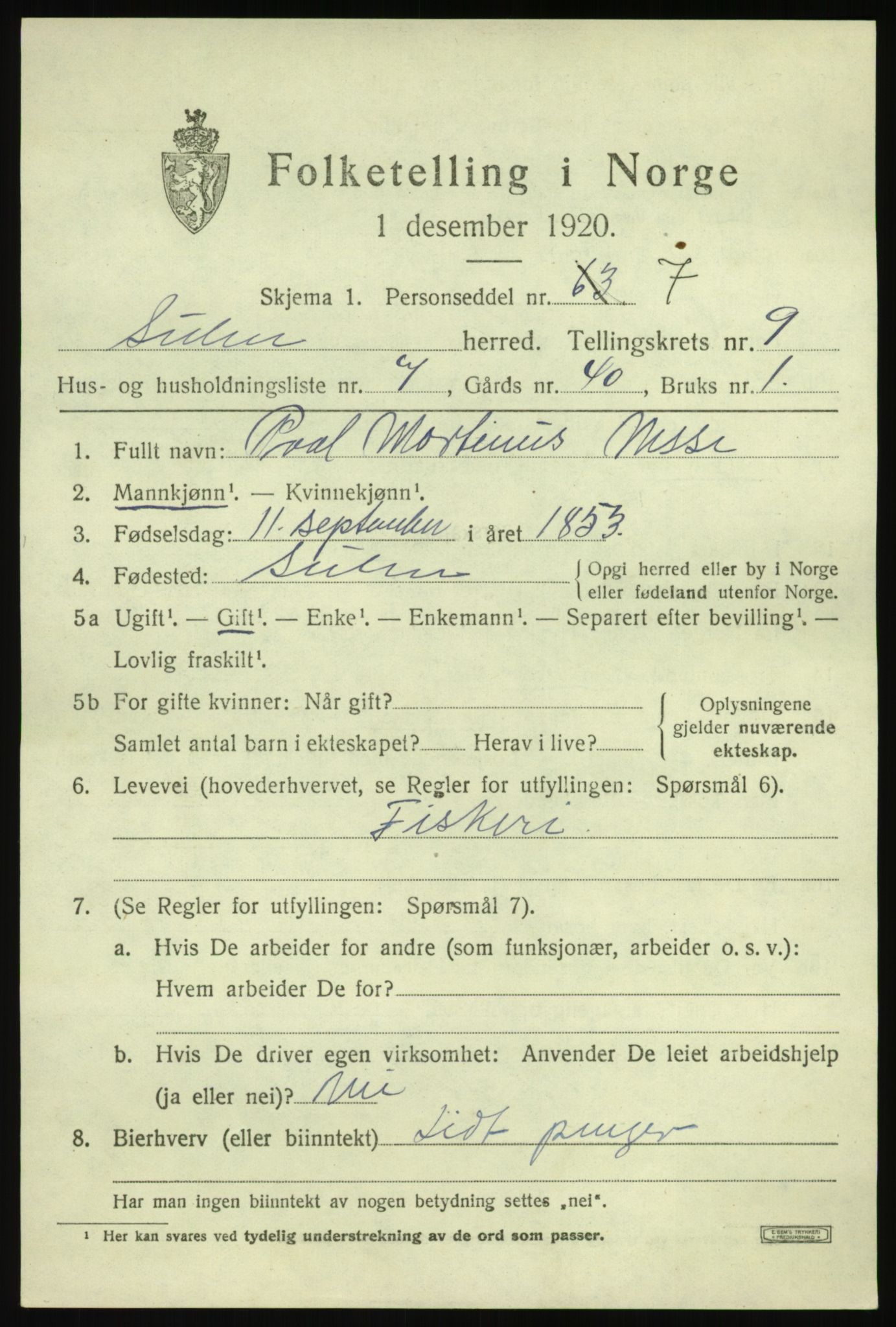 SAB, 1920 census for Solund, 1920, p. 3366