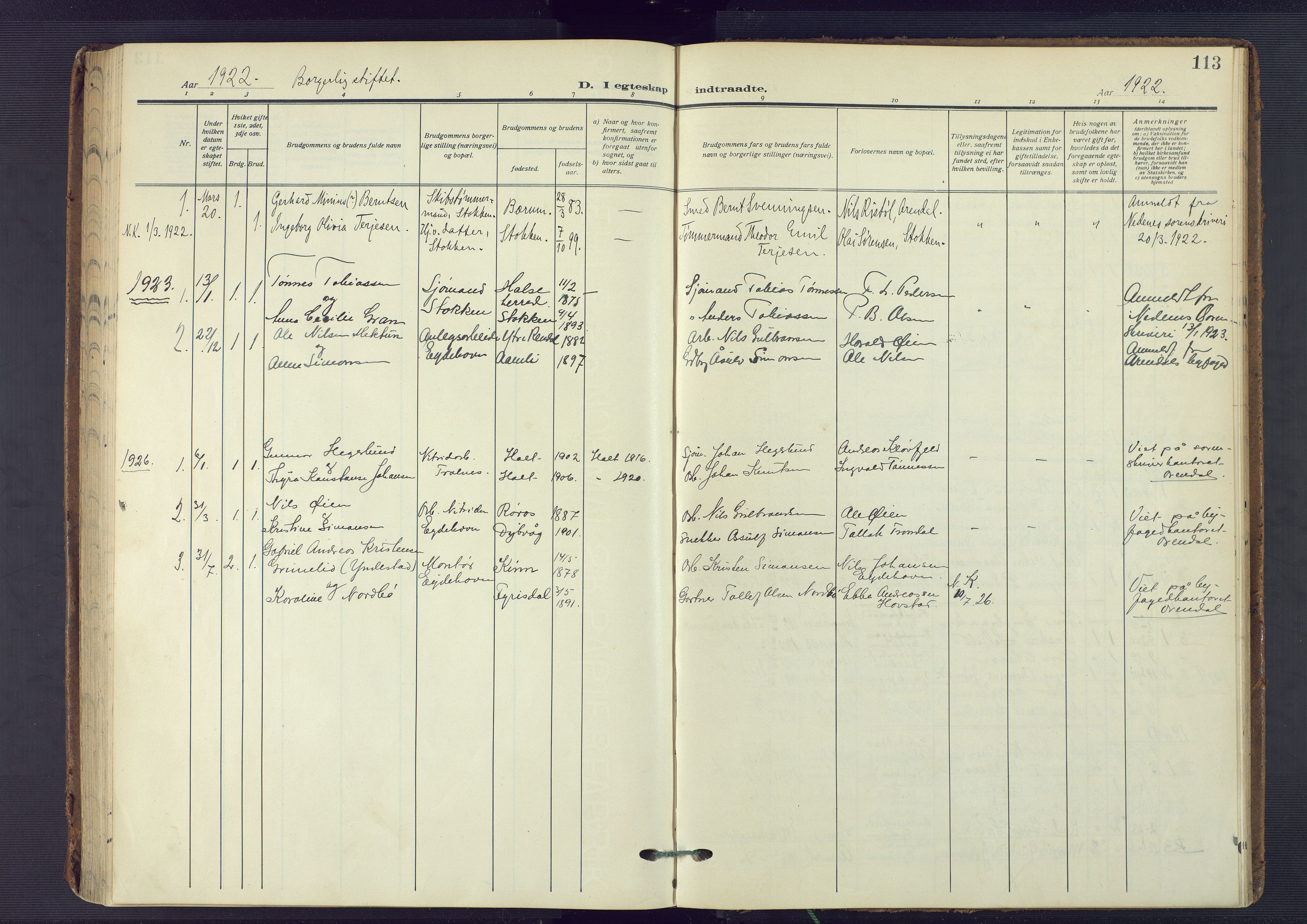 Austre Moland sokneprestkontor, SAK/1111-0001/F/Fa/Fab/L0003: Parish register (official) no. A 3, 1914-1927, p. 113