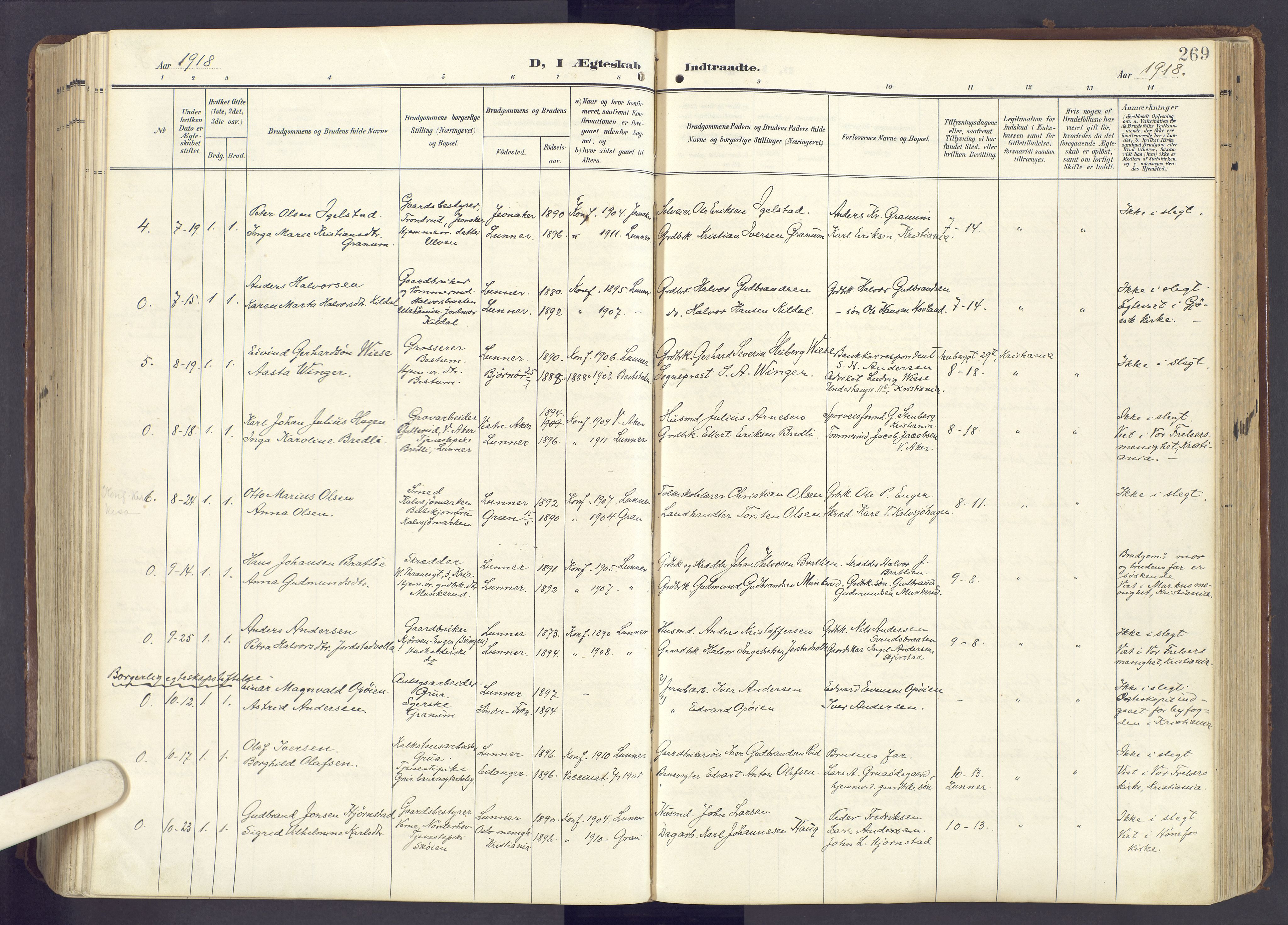 Lunner prestekontor, SAH/PREST-118/H/Ha/Haa/L0001: Parish register (official) no. 1, 1907-1922, p. 269