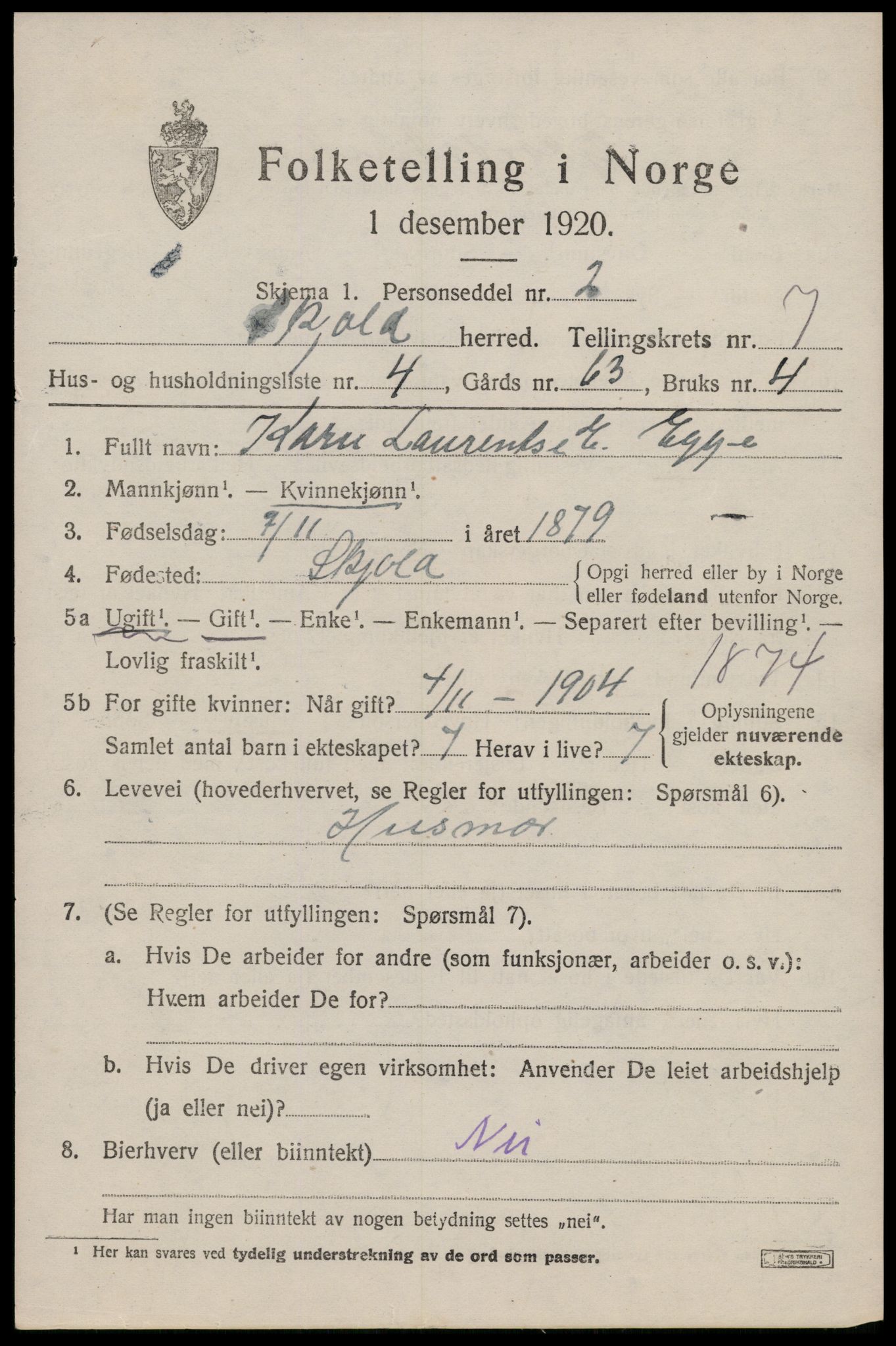 SAST, 1920 census for Skjold, 1920, p. 3916