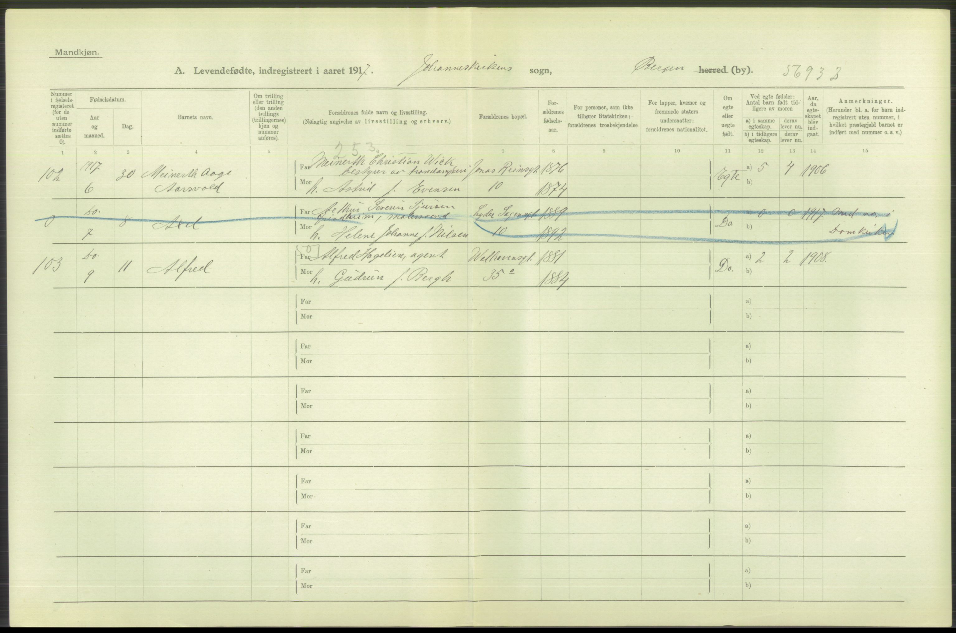 Statistisk sentralbyrå, Sosiodemografiske emner, Befolkning, AV/RA-S-2228/D/Df/Dfb/Dfbg/L0037: Bergen: Levendefødte menn og kvinner., 1917, p. 198