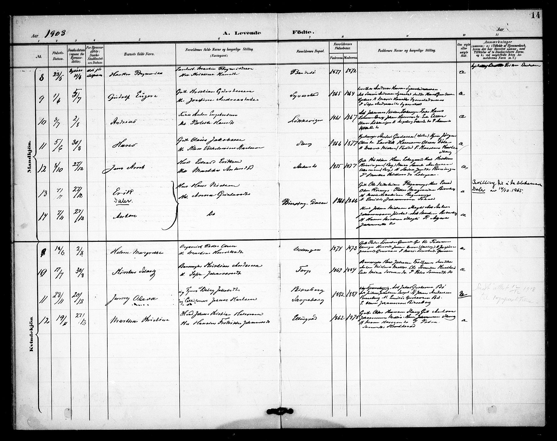 Skjeberg prestekontor Kirkebøker, AV/SAO-A-10923/F/Fc/L0002: Parish register (official) no. III 2, 1898-1915, p. 14