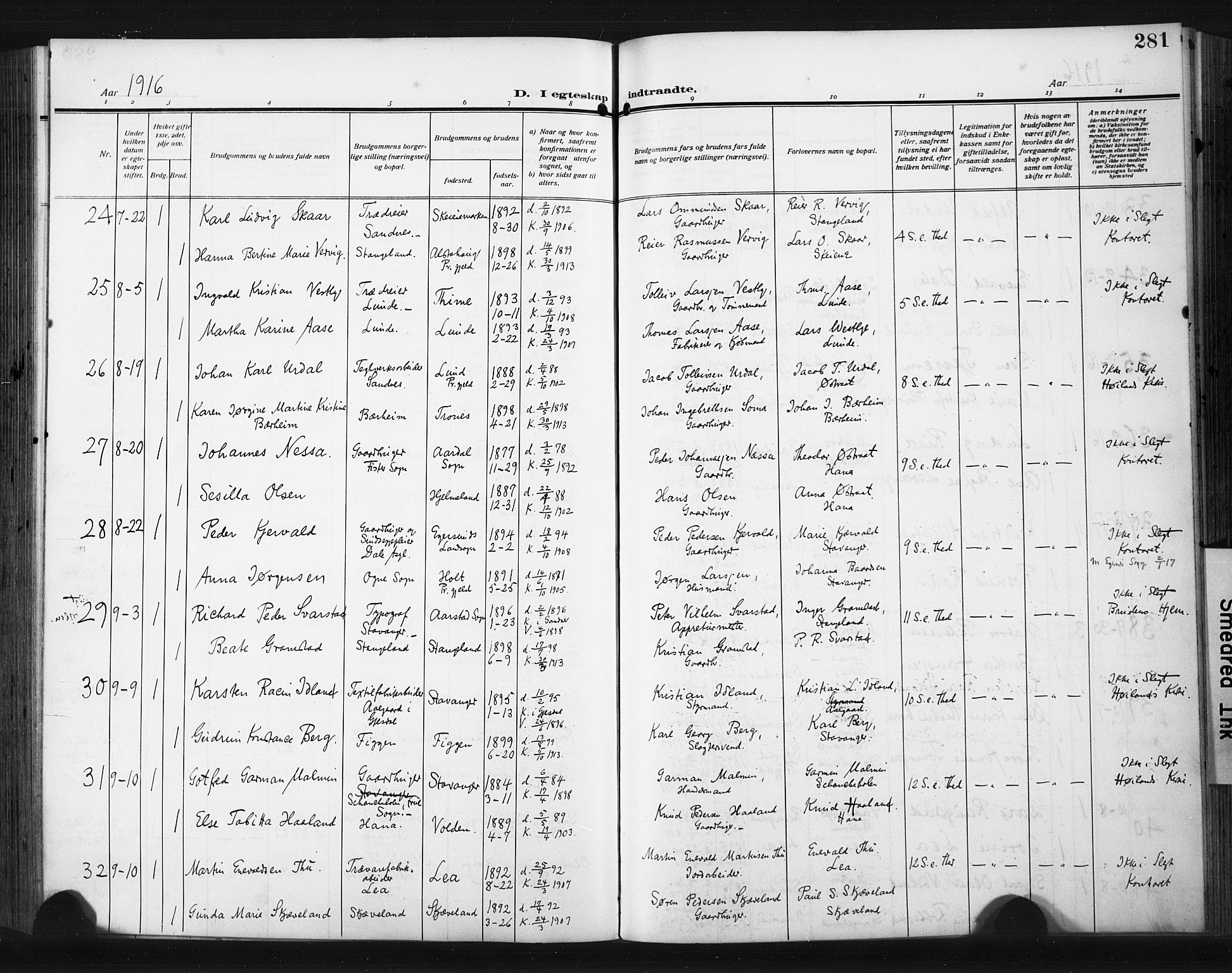 Høyland sokneprestkontor, AV/SAST-A-101799/001/30BA/L0017: Parish register (official) no. A 15, 1912-1924, p. 281