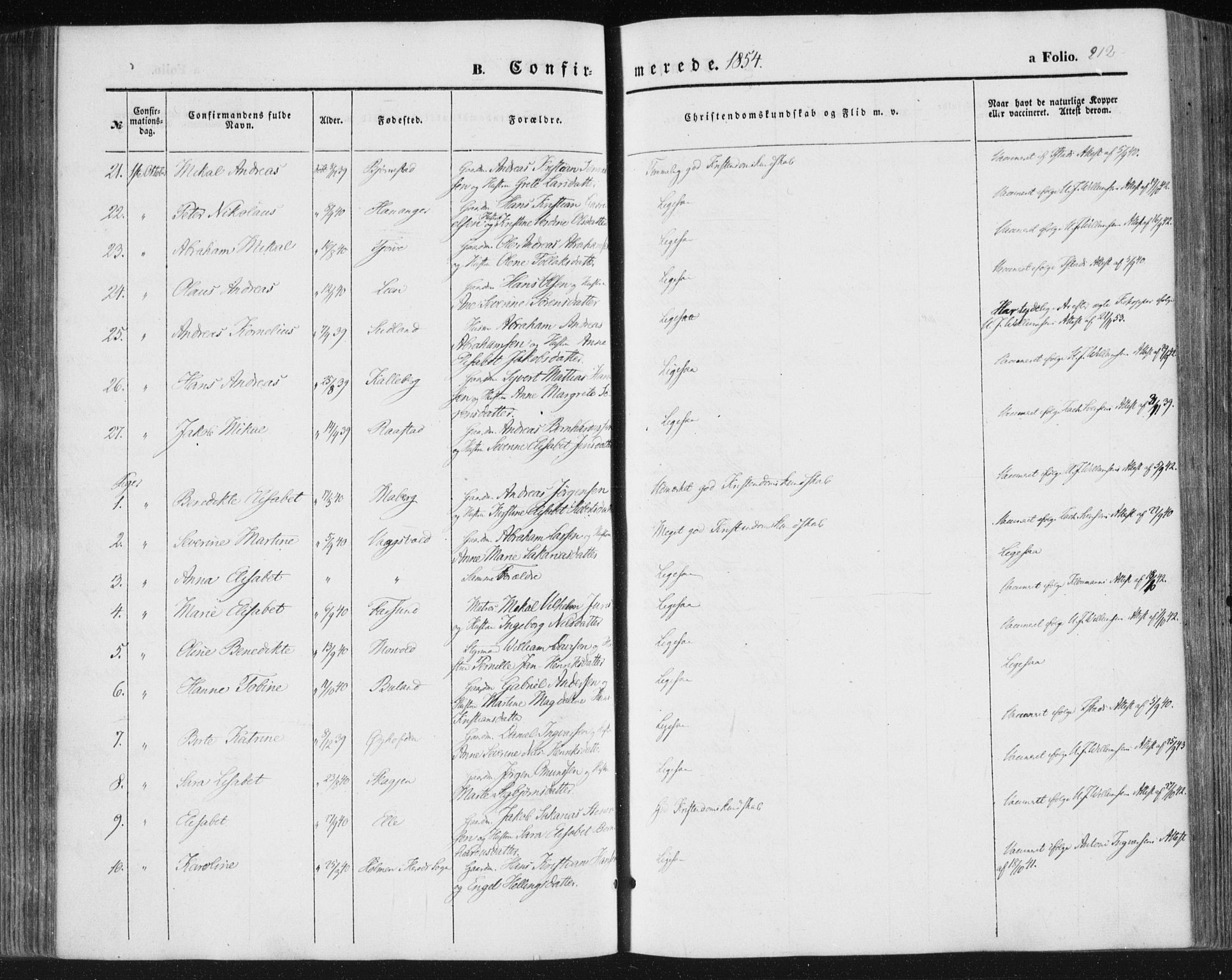 Lista sokneprestkontor, AV/SAK-1111-0027/F/Fa/L0010: Parish register (official) no. A 10, 1846-1861, p. 212