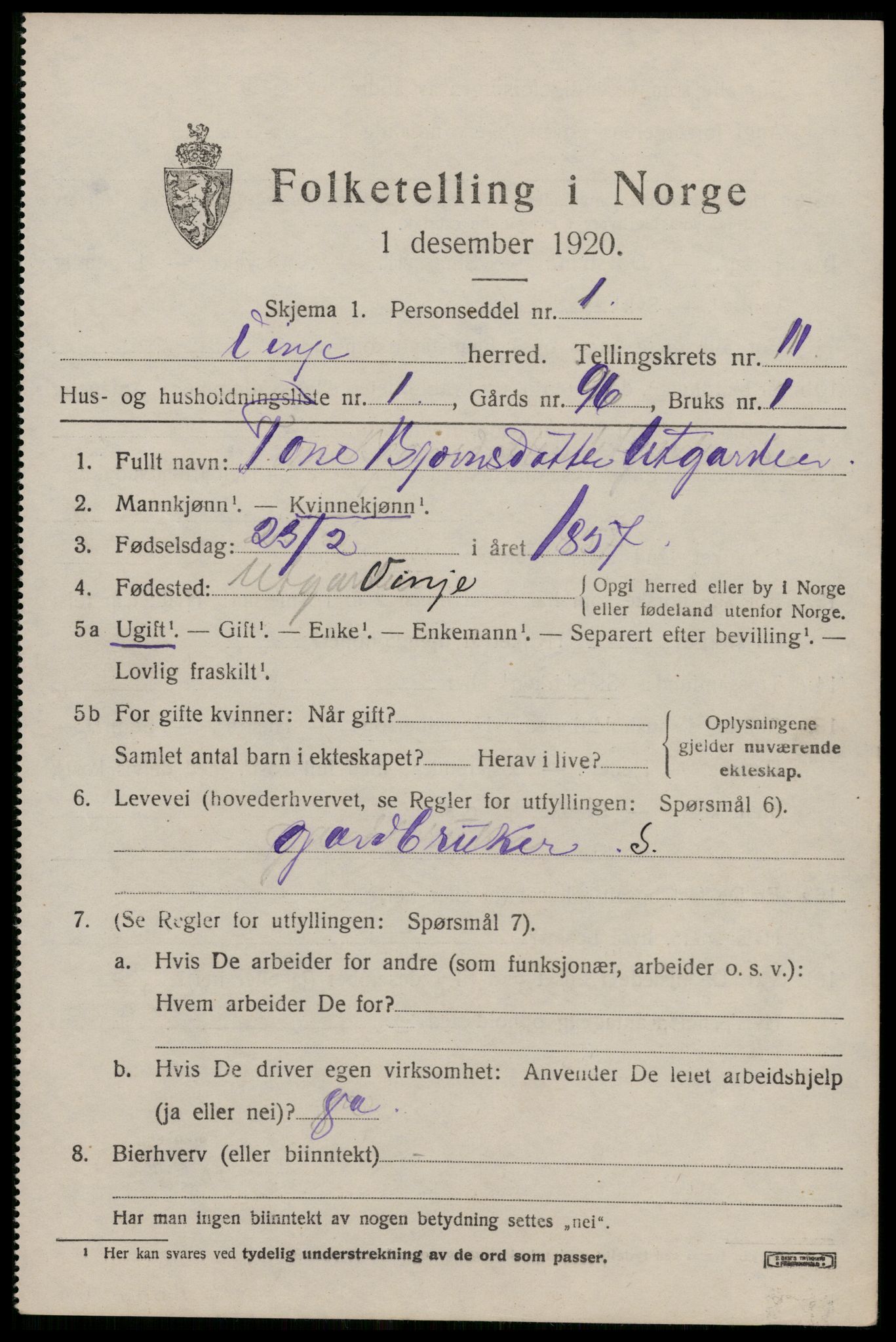 SAKO, 1920 census for Vinje, 1920, p. 3357