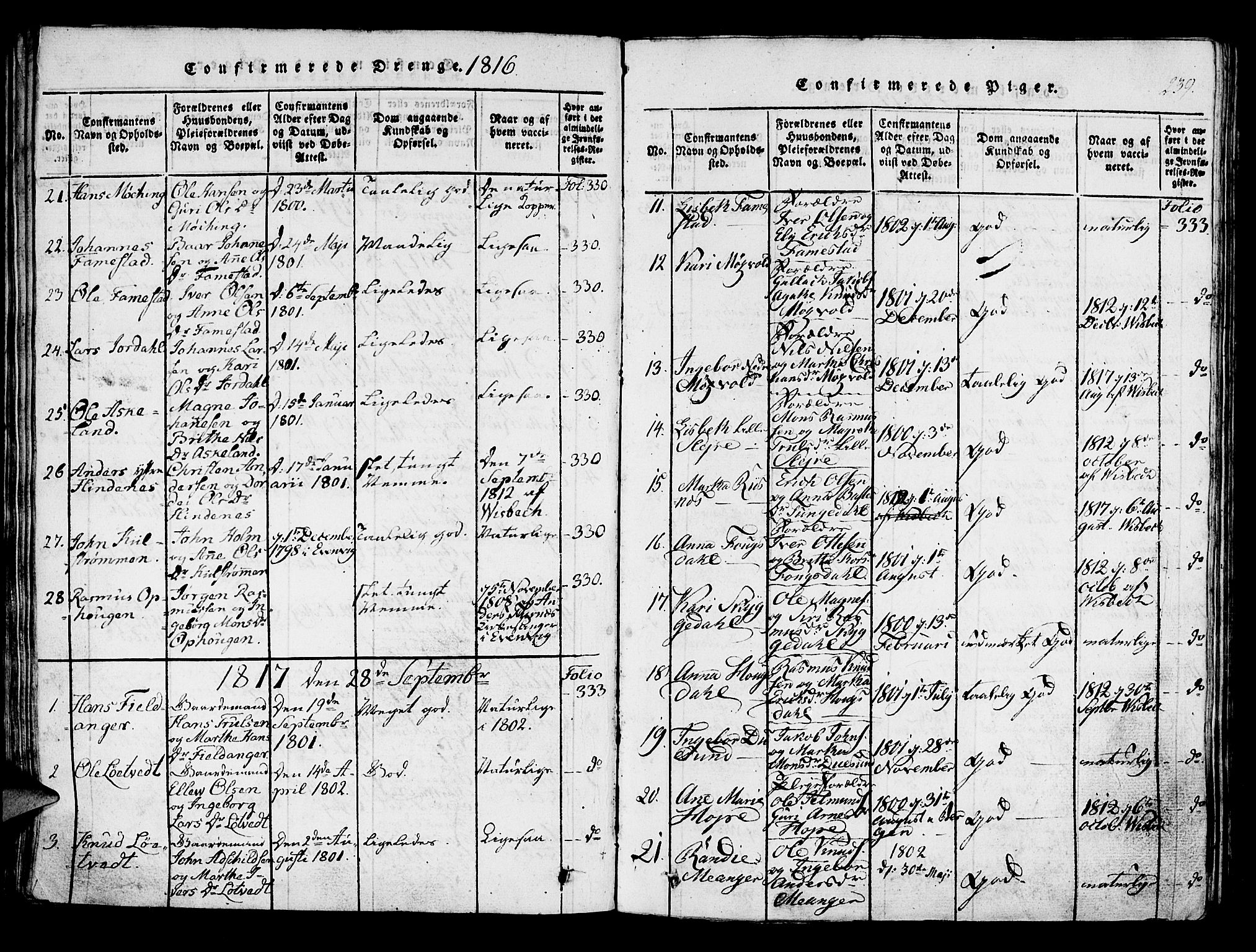 Lindås Sokneprestembete, AV/SAB-A-76701/H/Haa/Haaa/L0007: Parish register (official) no. A 7, 1816-1823, p. 239