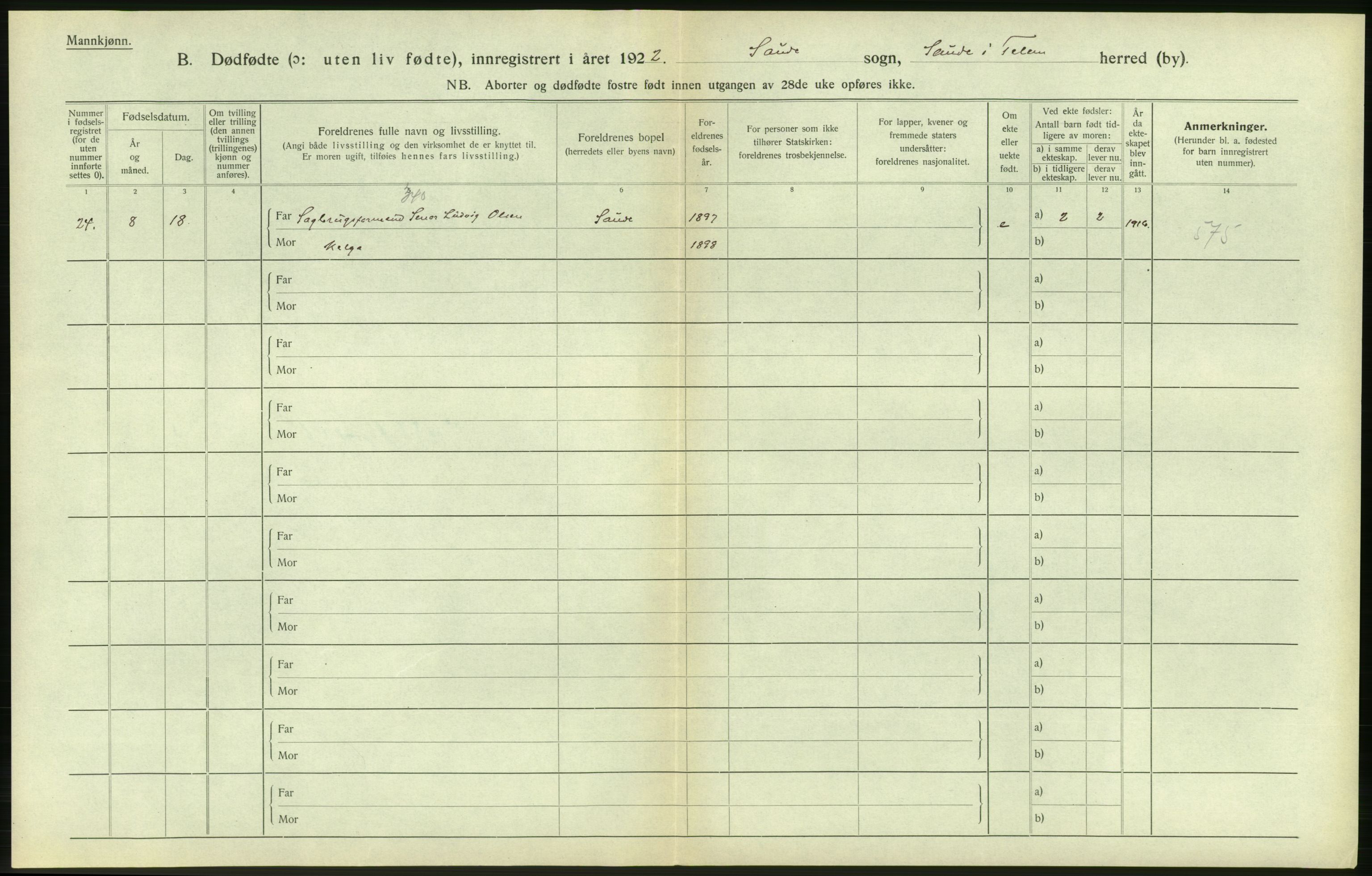 Statistisk sentralbyrå, Sosiodemografiske emner, Befolkning, AV/RA-S-2228/D/Df/Dfc/Dfcb/L0020: Telemark fylke: Gifte, døde, dødfødte. Bygder og byer., 1922, p. 716