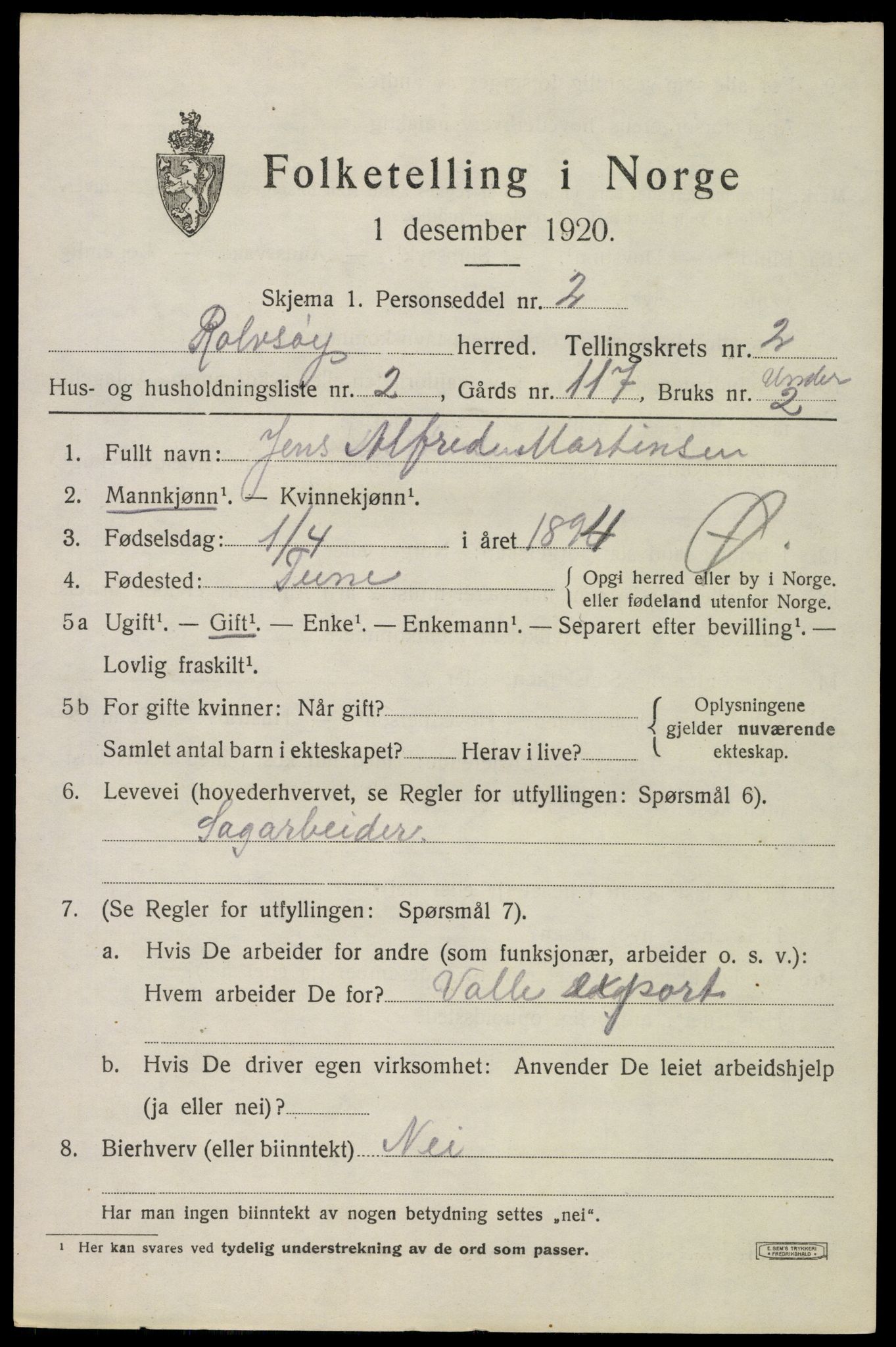 SAO, 1920 census for Rolvsøy, 1920, p. 1565