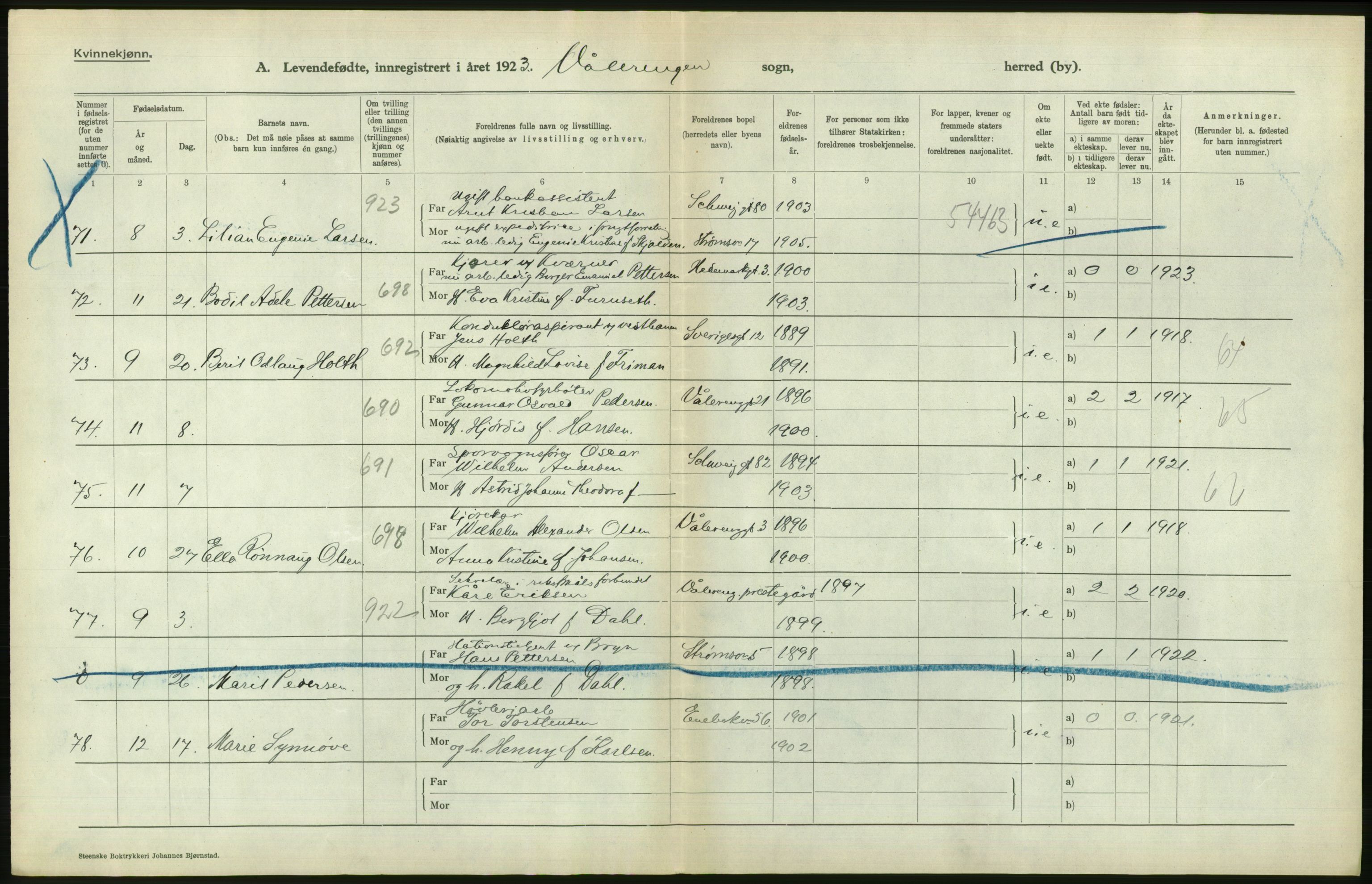 Statistisk sentralbyrå, Sosiodemografiske emner, Befolkning, AV/RA-S-2228/D/Df/Dfc/Dfcc/L0006: Kristiania: Levendefødte menn og kvinner., 1923, p. 572