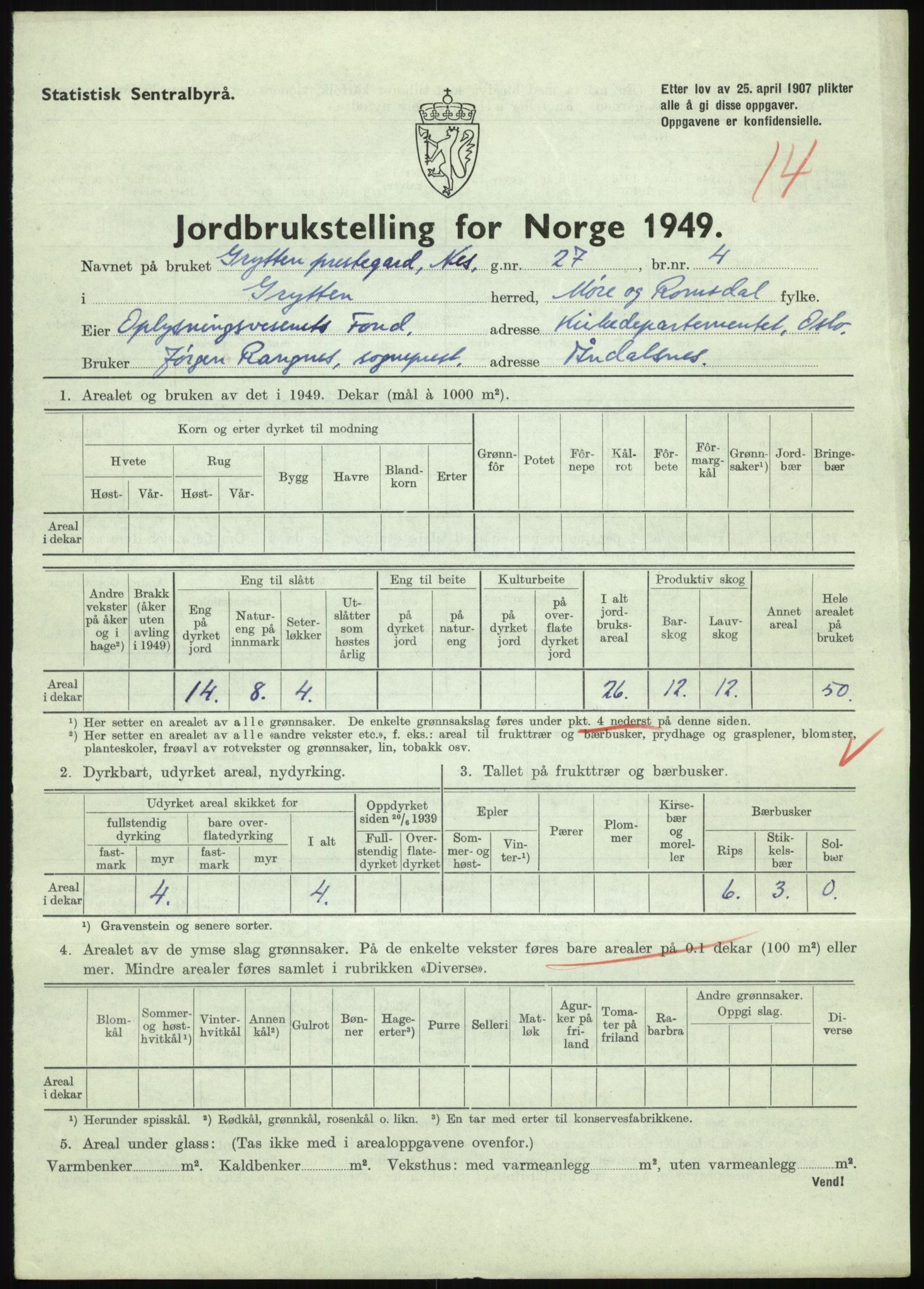 Statistisk sentralbyrå, Næringsøkonomiske emner, Jordbruk, skogbruk, jakt, fiske og fangst, AV/RA-S-2234/G/Gc/L0323: Møre og Romsdal: Grytten og Hen, 1949, p. 209