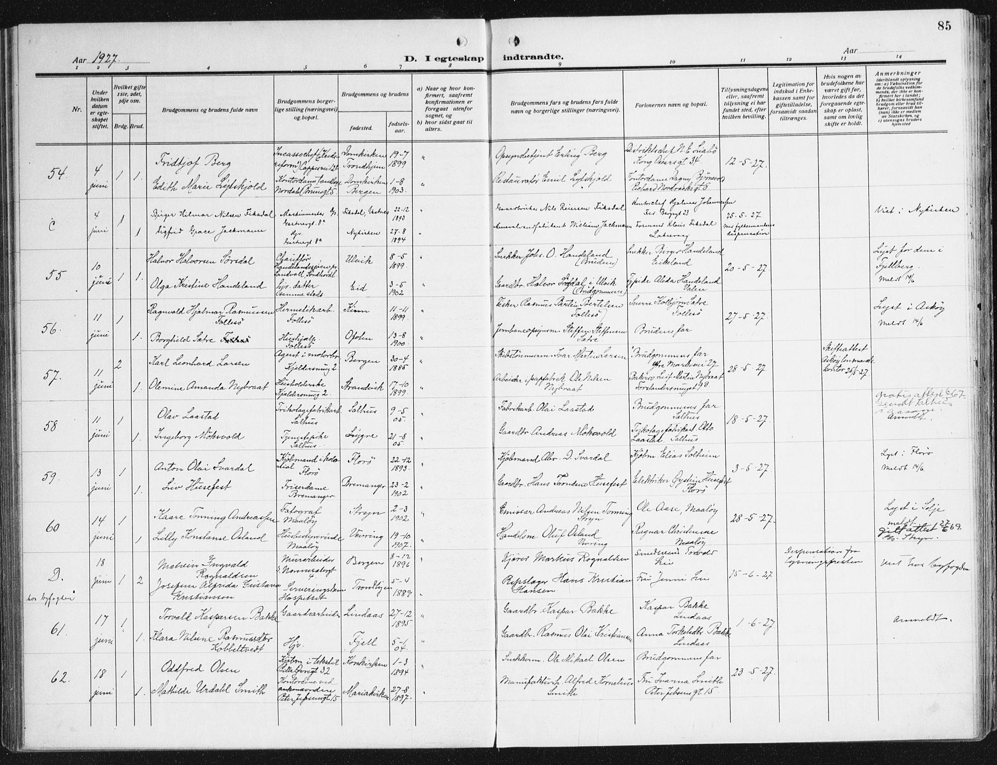 Domkirken sokneprestembete, AV/SAB-A-74801/H/Haa/L0039: Parish register (official) no. D 6, 1921-1937, p. 85