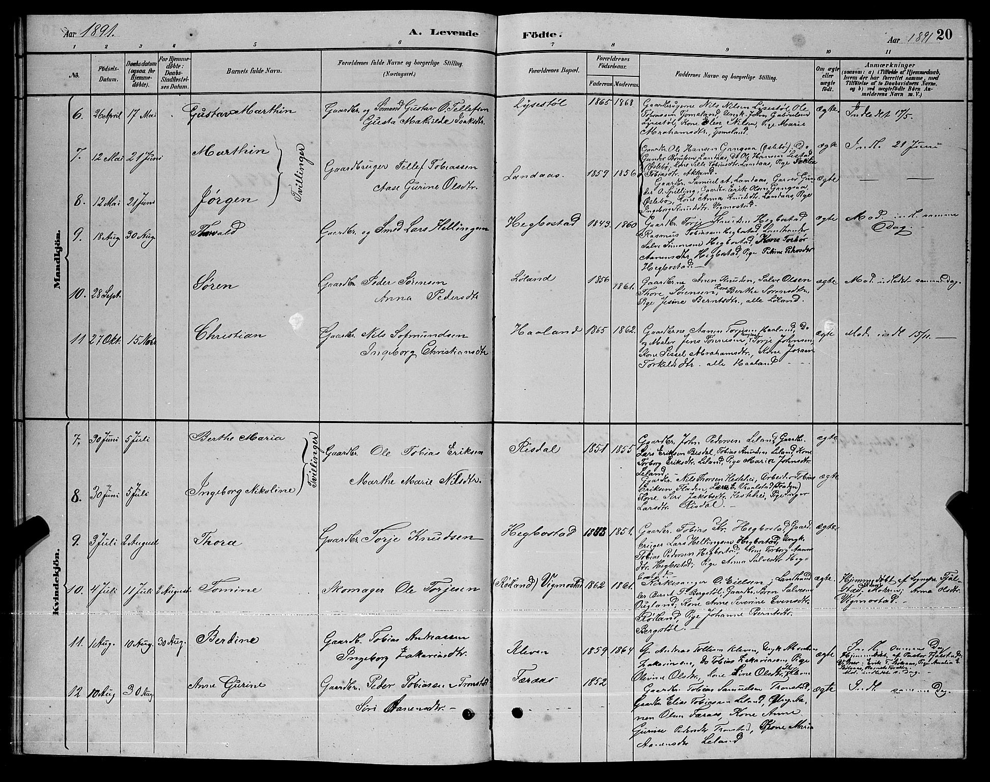 Nord-Audnedal sokneprestkontor, AV/SAK-1111-0032/F/Fb/Fbb/L0003: Parish register (copy) no. B 3, 1882-1900, p. 20