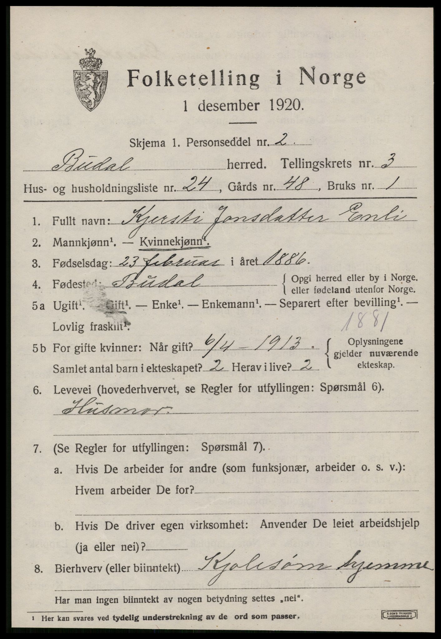 SAT, 1920 census for Budal, 1920, p. 1060