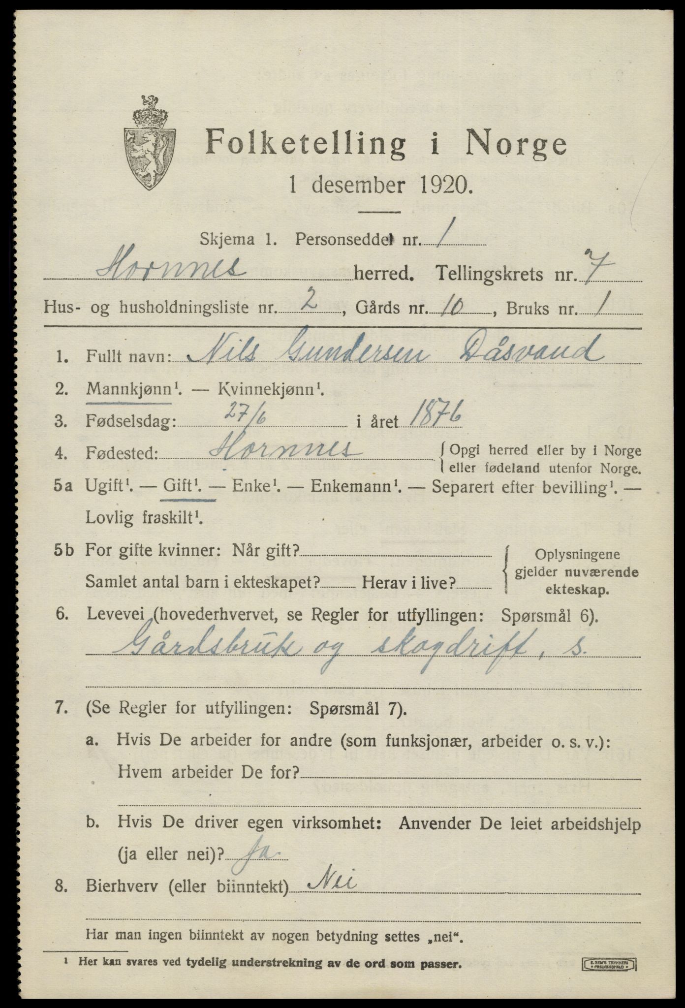 SAK, 1920 census for Hornnes, 1920, p. 1667