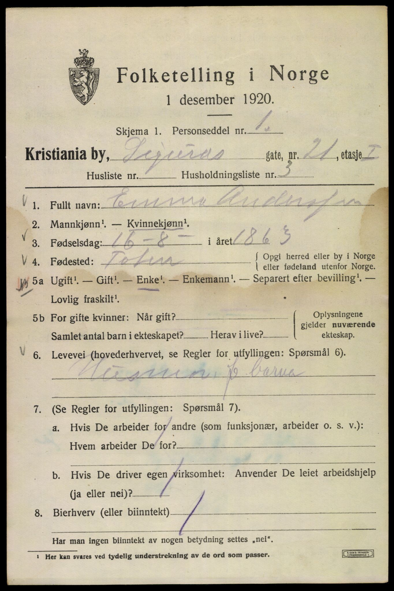 SAO, 1920 census for Kristiania, 1920, p. 511381